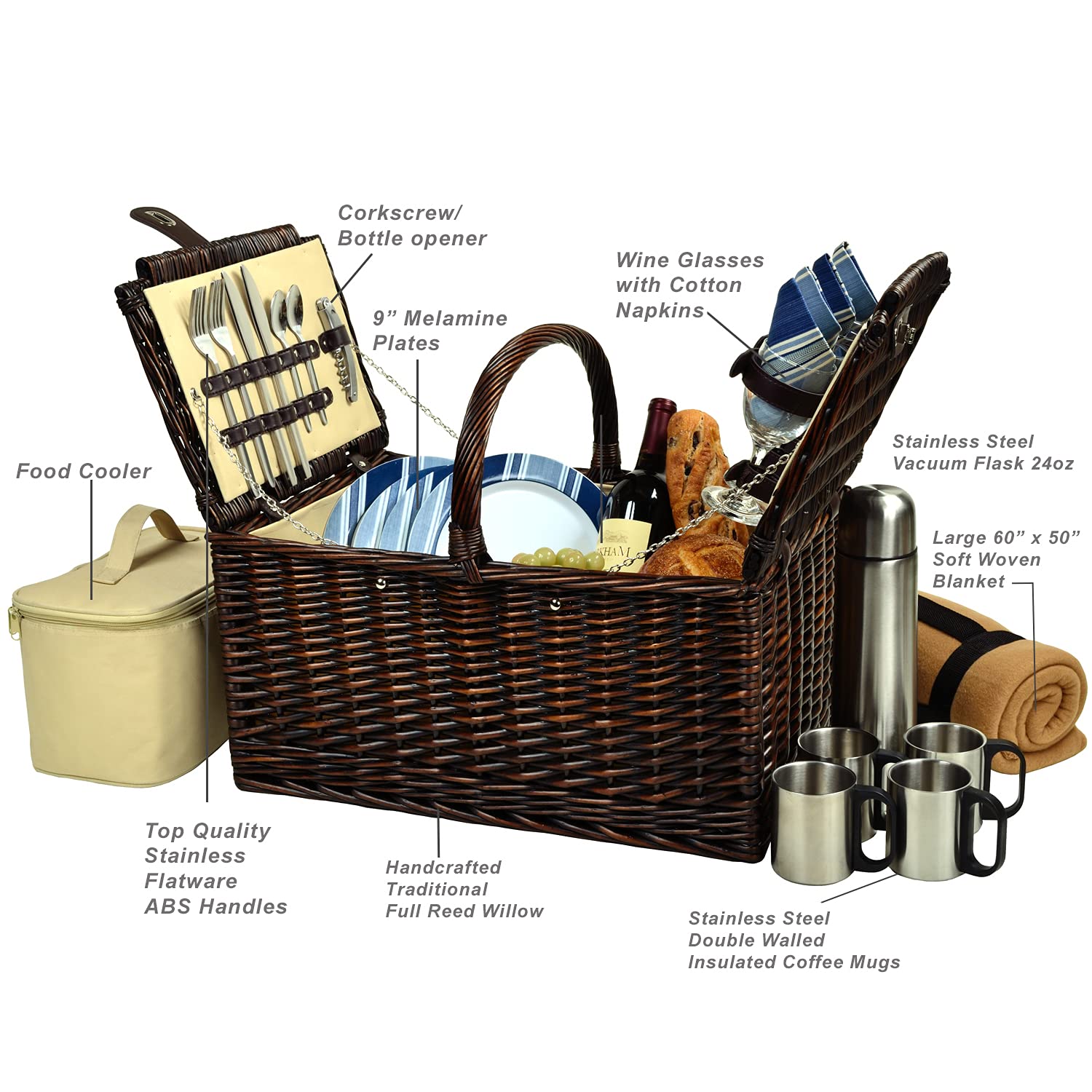 Picnic at Ascot Buckingham Willow Picnic Basket for 4 - Blue Stripe with Blanket & Coffee Set | Perfect for Outdoor Dining, Beach Picnics & Romantic Getaways