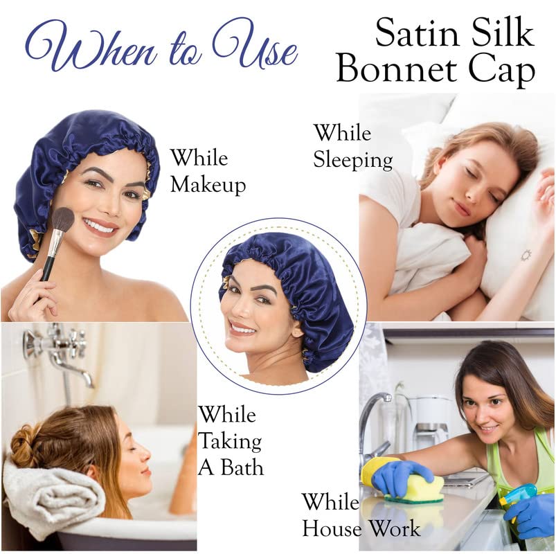 Reversible Satin Bonnet for Women - Adjustable Sleep Cap for Hair Protection & Comfort - Old Tree Design (Blue & Gold) - Perfect for Nighttime Hair Care & Travel Accessories