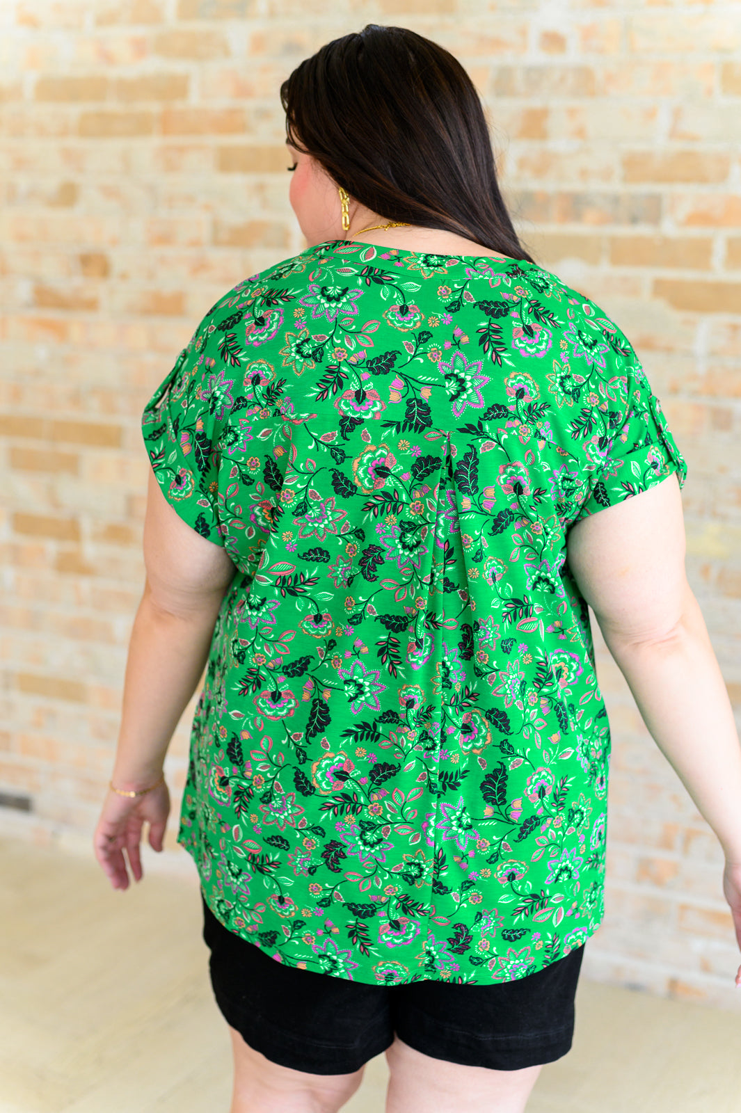 Lizzy Cap Sleeve Top - Green & Black Floral Print Women's Blouse | Casual Summer Tops for Outing, Dating & Office Wear