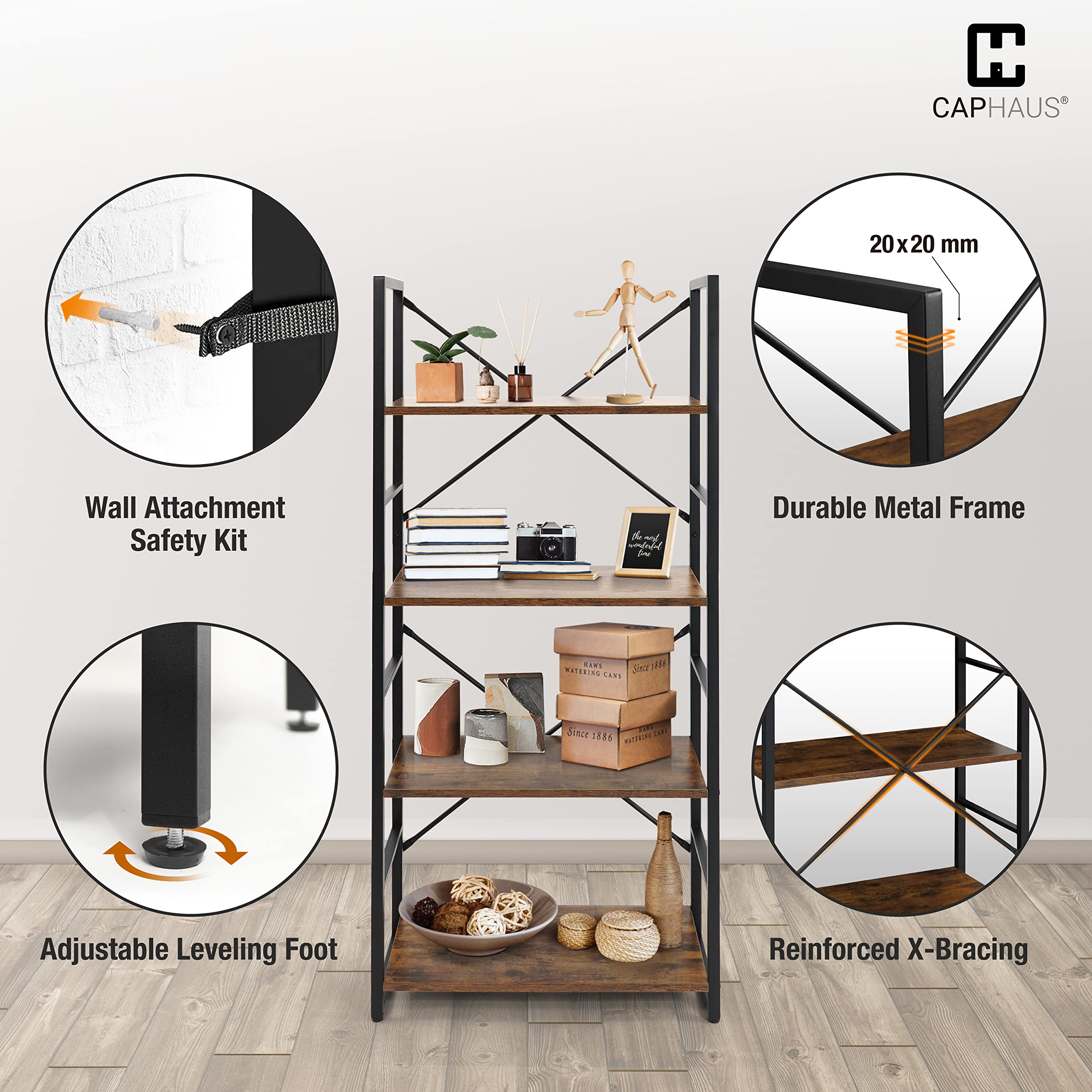 CAPHAUS 4 Tier Bookshelf - 24 Inch Wide Free Standing Bookcase with Metal Frame & Rustic Oak Finish | Home Office, Living Room, Kitchen Storage Organizer | Perfect for Storing Books, Decor & Essentials in Modern Farmhouse Style