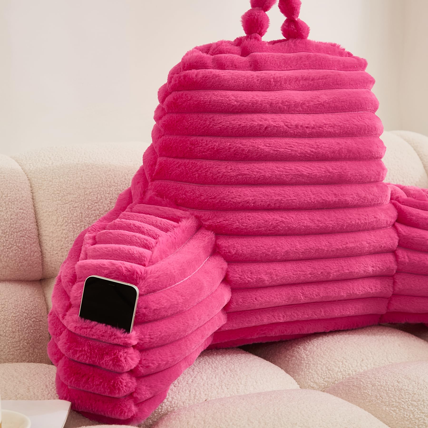 WERDIM Faux Fur Reading Pillow with Arms and Pockets - Comfortable Bed Rest Pillow for Sitting in Bed, Sofa or Floor (Standard Size, Hot Pink) - Perfect for Reading, Watching TV, Gaming and Relaxing
