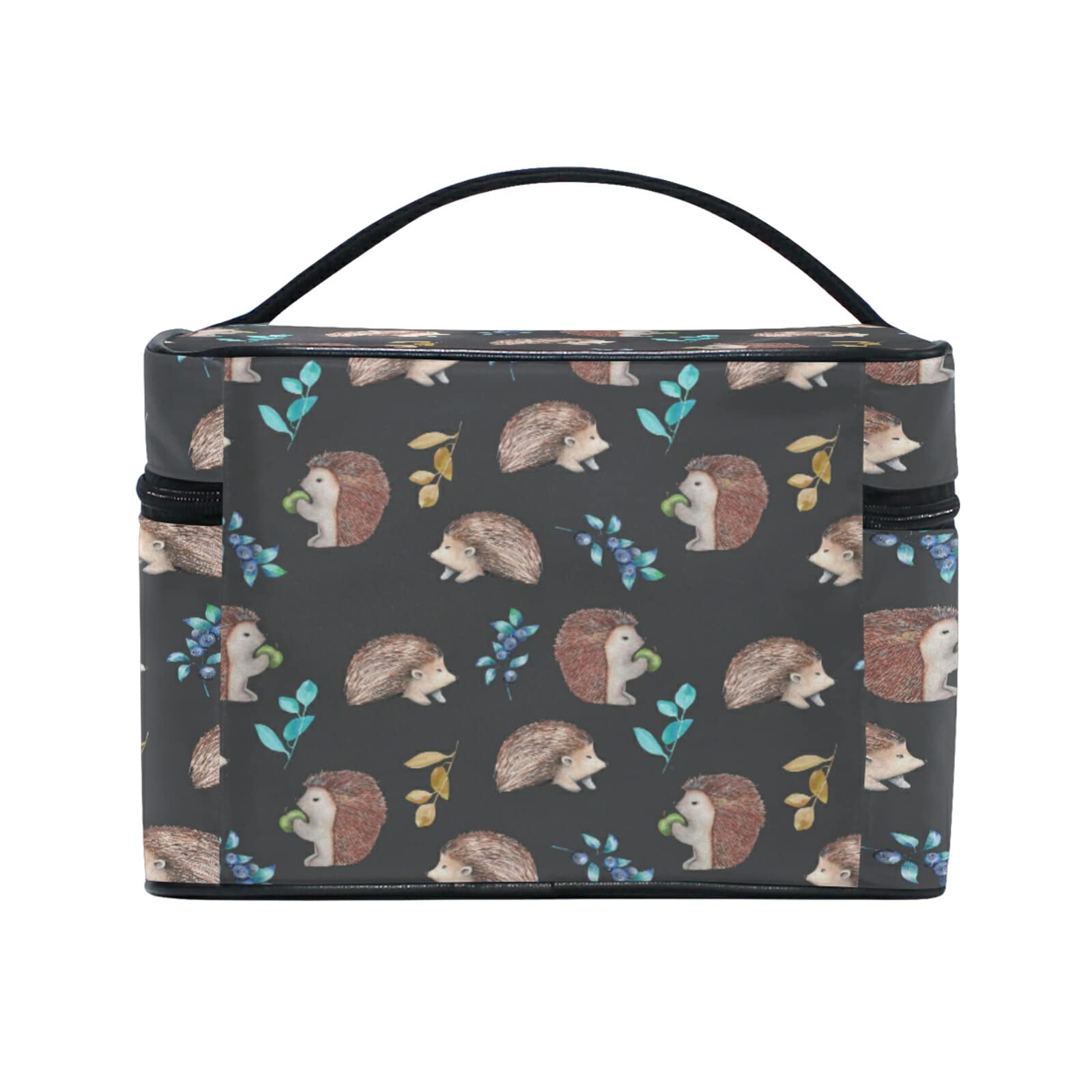 Cute Hedgehog & Blueberry Pattern Cosmetic Bag - Travel Makeup Organizer with Handle & Zipper for Women & Girls - Perfect for Travel, Gym, and Daily Makeup Storage
