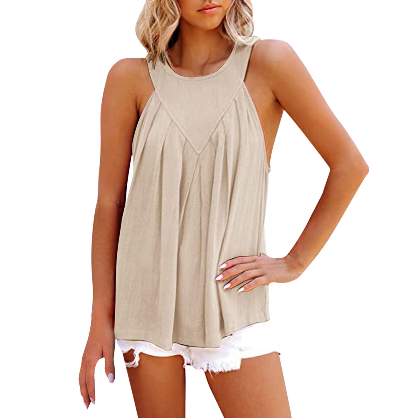 Women's Summer Sleeveless Halter Tank Tops - Flowy Pleated Cami Blouse for Casual Wear, Beach Outfits & Vacation Clothing | Breathable Loose Fit Dressy Shirts for Women