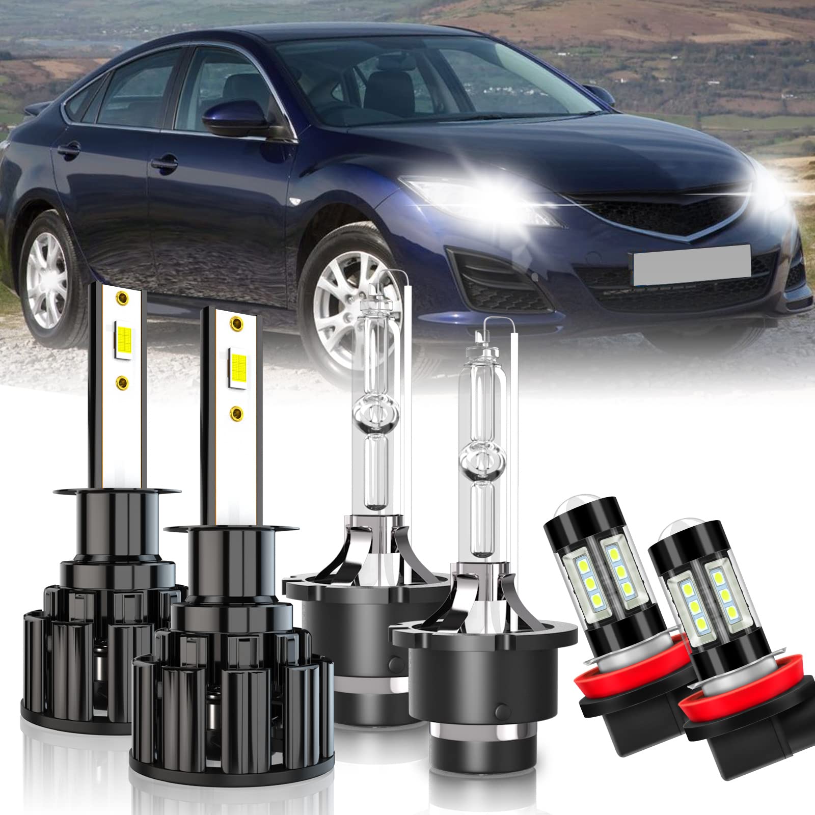 2006-2008 Mazda 6 LED Headlight Bulbs Kit - H1 High Beam, D2S Low Beam & H11 Fog Lights - 60W 10000LM 6000K Xenon White Super Bright - Plug and Play HID Replacement - Pack of 6 - Perfect for Night Driving & Foggy Conditions