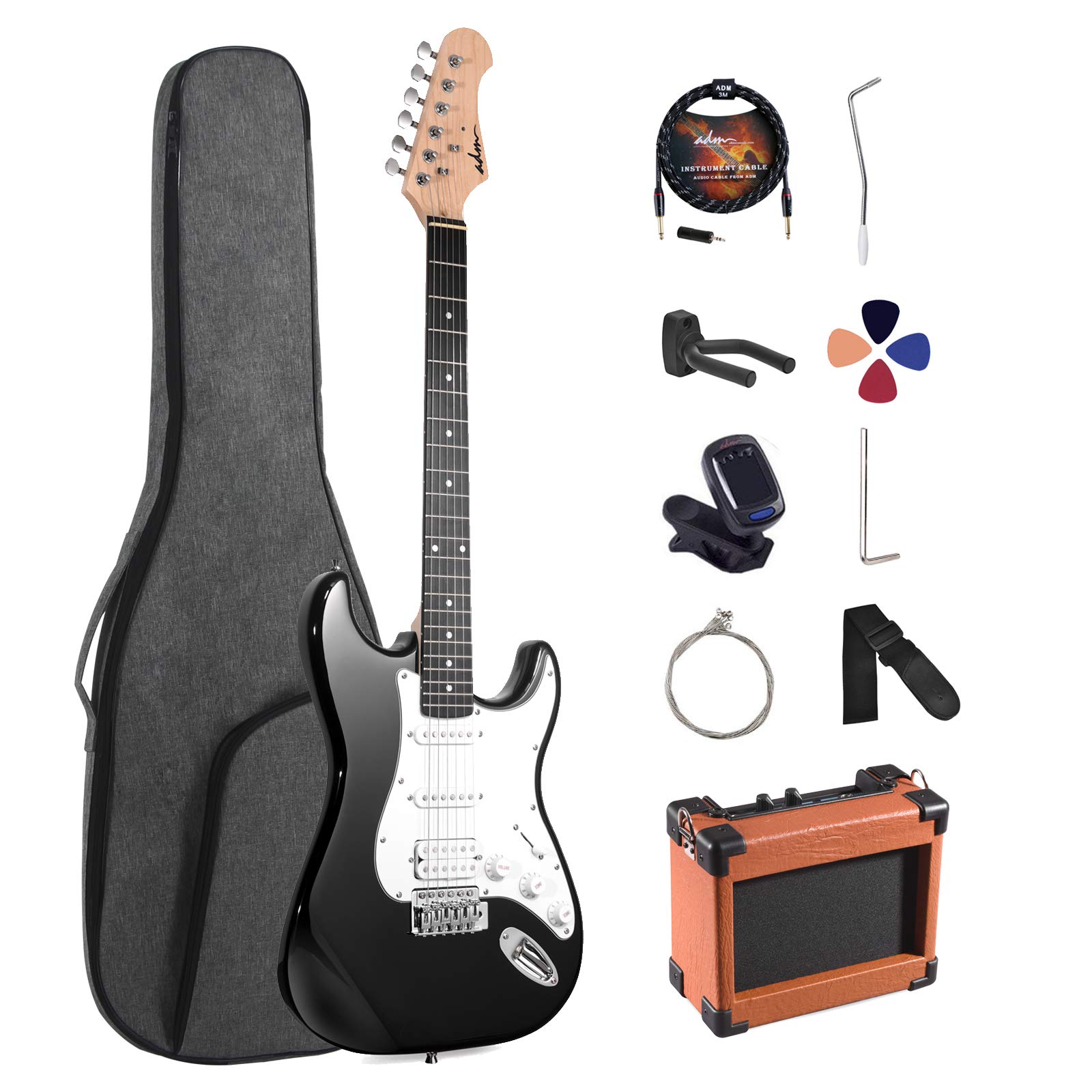 ADM 39 Inch Full Size Electric Guitar Beginner Kit with Amp, Gig Bag, Strap, Strings, Tuner, Cable & Picks - Complete Starter Package for Adults & Teens (Black) - Perfect for Home Practice, Stage Performances & Music Lessons
