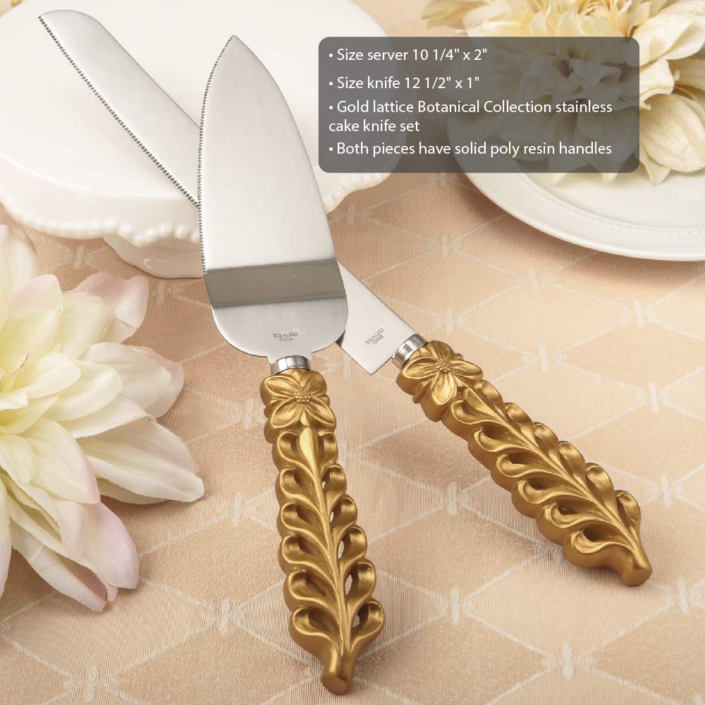 FASHIONCRAFT 2528 Gold Lattice Botanical Collection Stainless Steel Cake Knife Set - Cake Knife & Server for Weddings, Birthdays & Special Occasions