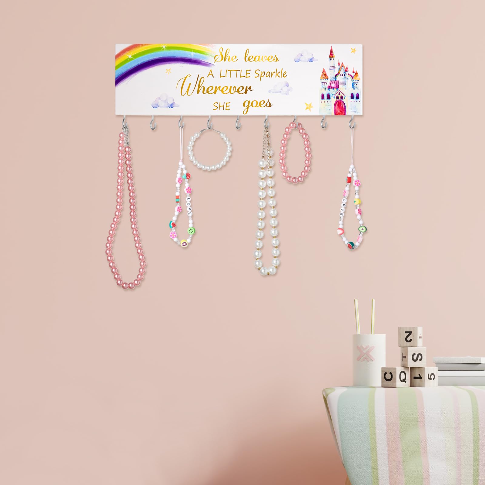 Jetec Hair Bow Organizers & Hair Clip Holders - Hello Beautiful Wall Mount Jewelry Organizer with 9 Hooks for Bedroom, Bathroom, Kids Room (Castle Style) - Perfect for Organizing Hair Accessories, Necklaces & Scarves