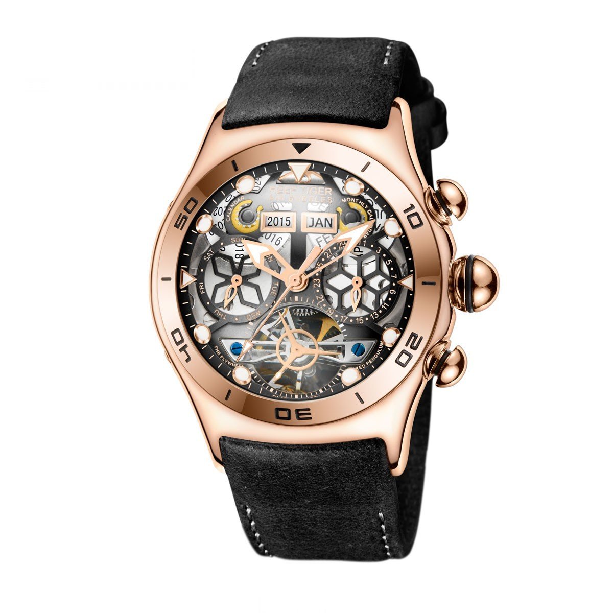 REEF TIGER Men's Luxury Sport Watch - Rose Gold Skeleton Tourbillon Quartz Chronograph with Multi-Functional Dial (Model RGA703-YGB) | Perfect for Business, Formal Events & Outdoor Activities
