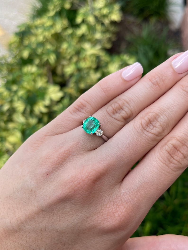 4.10tcw 14K White Gold Cushion Cut Emerald & Round Diamond Three Stone Engagement Ring for Women - Perfect for Proposals, Anniversaries & Special Occasions