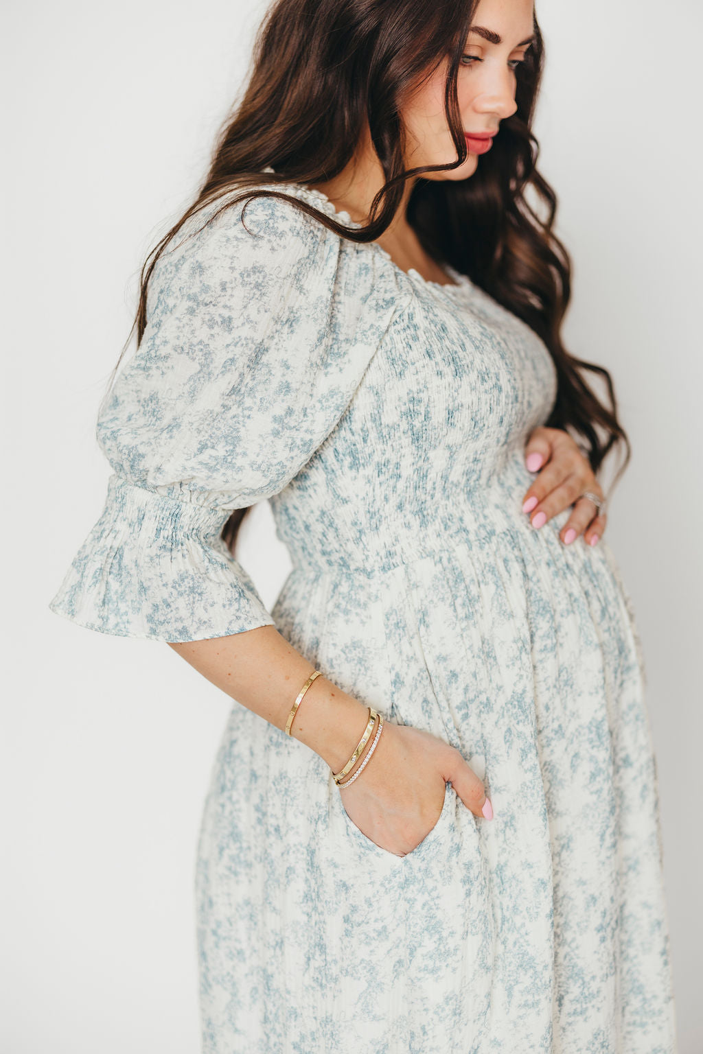 Sienna 100% Cotton Puff Sleeve Maxi Dress - Blue Floral Print Maternity Dress for Pregnancy | Bump Friendly, Comfortable & Stylish for Summer, Beach, Vacation & Special Occasions