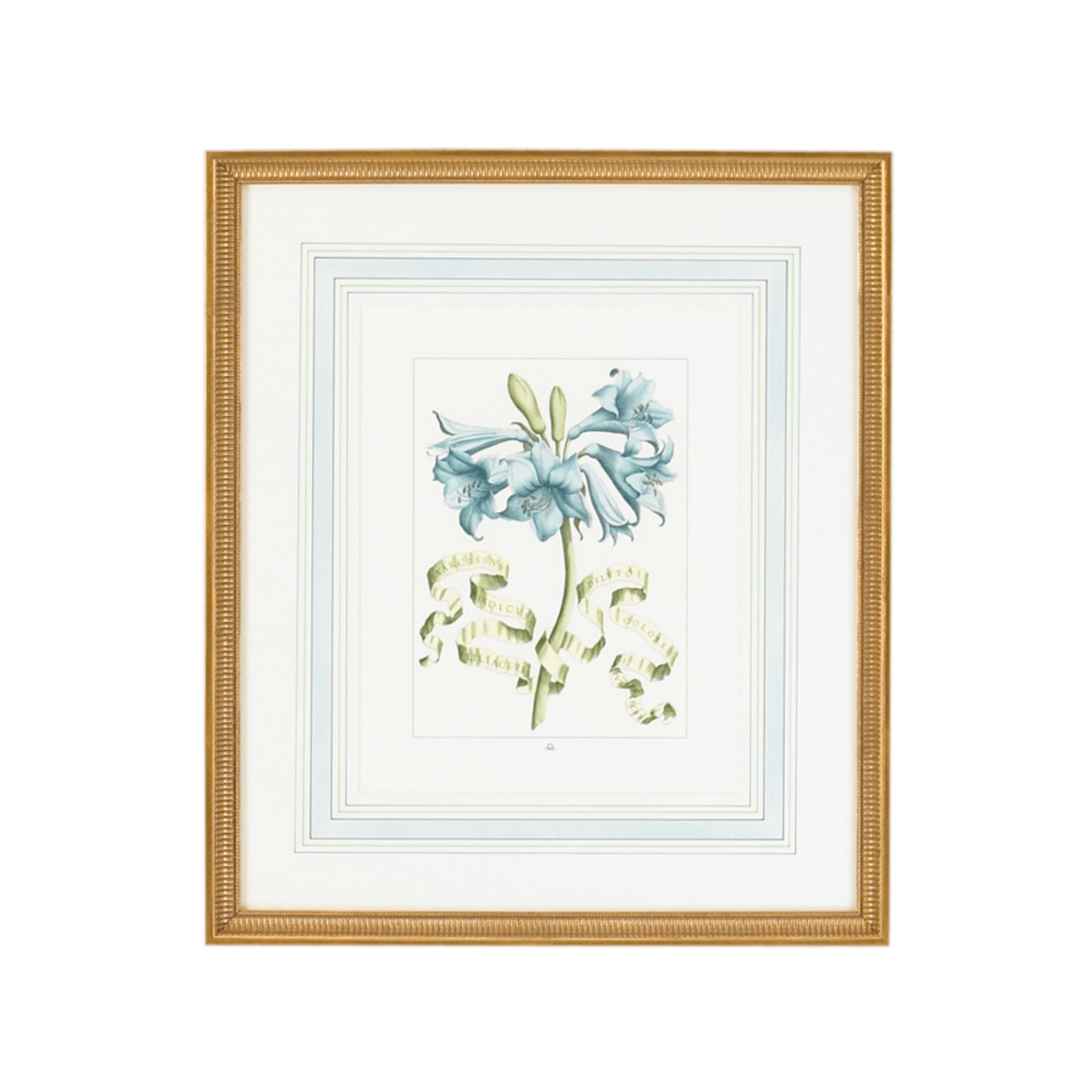 Blue Floral Art Print with Ribbon Accent in Gold Frame - Elegant Wall Decor for Living Room, Bedroom & Office
