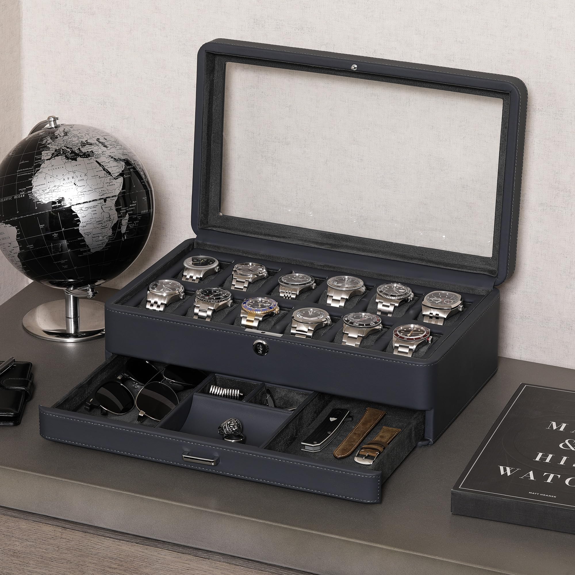 ROTHWELL Luxury Watch Box for 12 Watches – PU Leather Watch Organizer with Glass Display Lid & Slide-Out Accessory Drawer – Perfect for Watch Collectors, Gifts, and Jewelry Storage (Carbon Black)