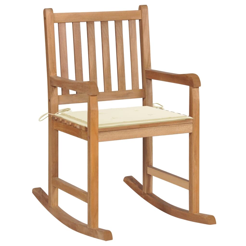 Premium Teak Wood Rocking Chair with Cream Cushion - Comfortable & Durable Nursery Rocker for Living Room, Bedroom, or Outdoor Patio Relaxation