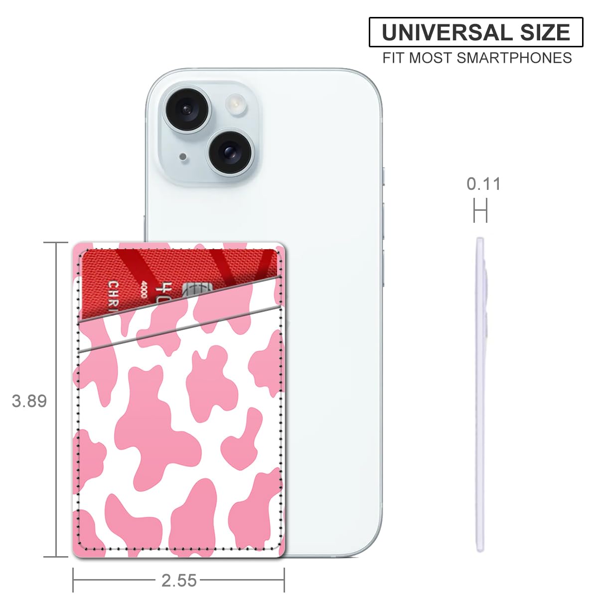 Leather Card Holder for Phone Case - Wallet Sleeve with Dual Pockets for Credit Cards & ID - Stick-on Design Fits Most Smartphones - Pink Cow Print - Perfect for Hands-Free Shopping & Travel Convenience