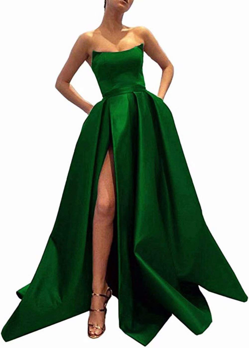 Elegant Women's Strapless Prom Dresses - Long Slit Satin Evening Gown with Pockets | Formal Sleeveless Party Dress for Homecoming, Wedding & Special Occasions