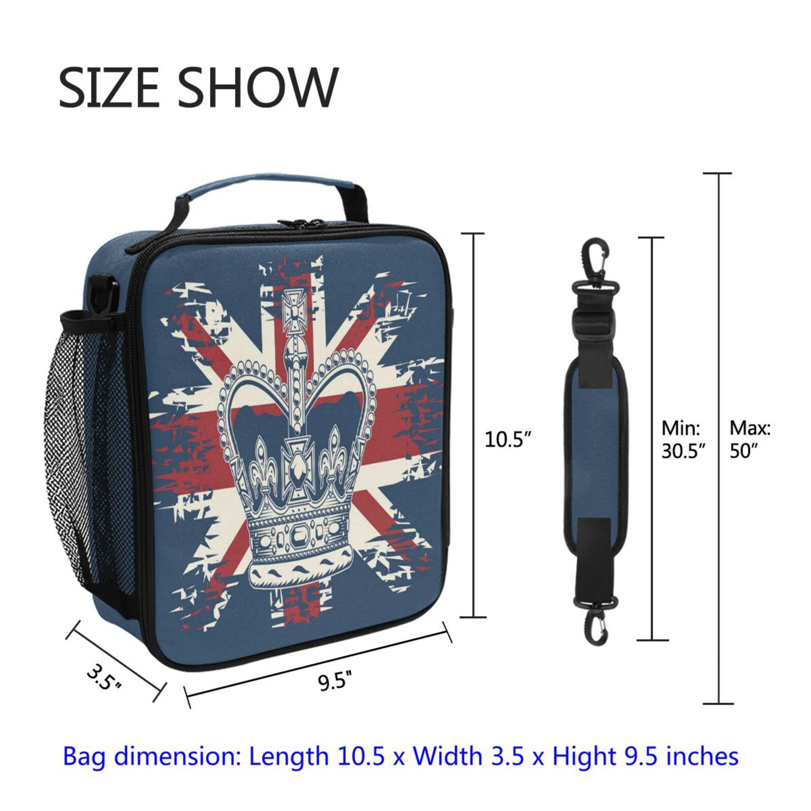 Retro British Flag Crown Insulated Lunch Box - Reusable Thermal Cooler Tote Bag with Shoulder Strap for Kids, Students & Adults - Perfect for School, Work, Picnics & Outdoor Travel