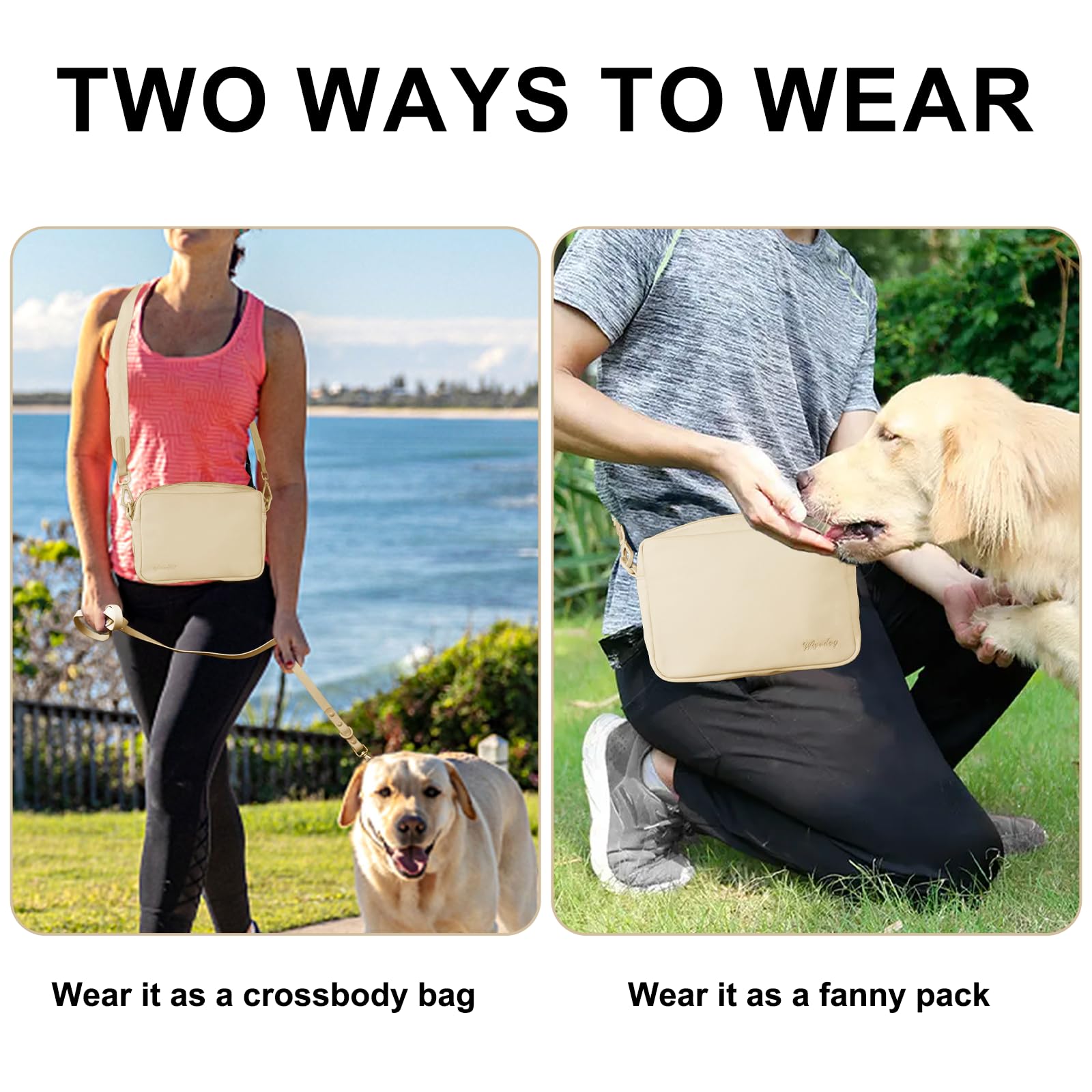 Wisedog Waterproof Dog Treat Pouch - Durable Dog Training Bag with Built-in Poop Bag Dispenser | Hands-Free Fanny Pack & Crossbody Bag for Small Medium Large Dogs | Perfect for Outdoor Walks, Hiking & Pet Training (Sand Color)