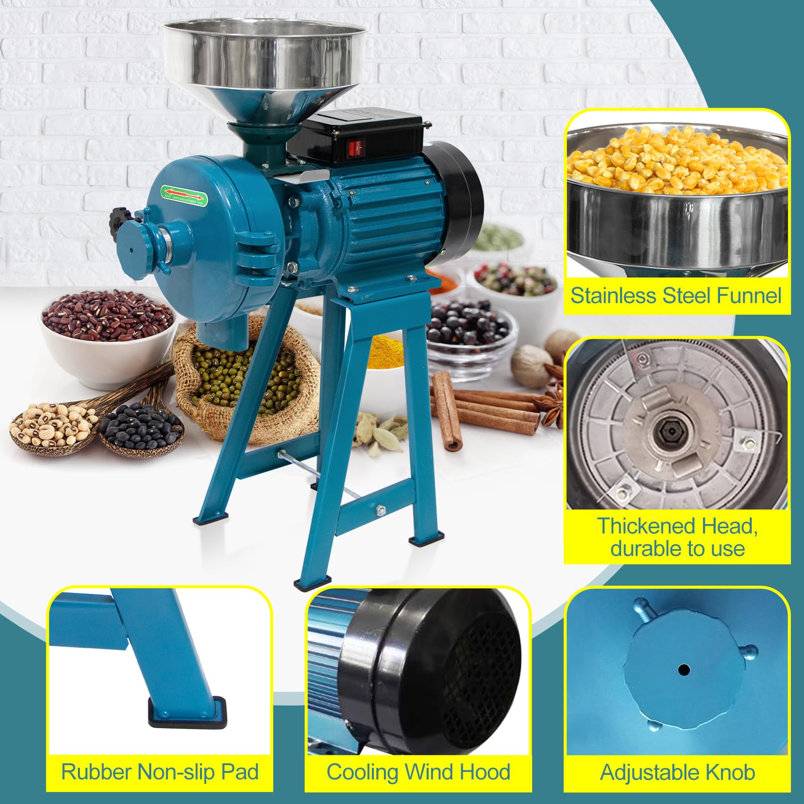 NAIZEA 3000W Electric Grain Mill Grinder for Corn, Wheat & Cereals - Heavy Duty Commercial Flour Machine with Funnel (110V, Wet & Dry Grinding) - Perfect for Home Baking, Bread Making & Animal Feed Preparation