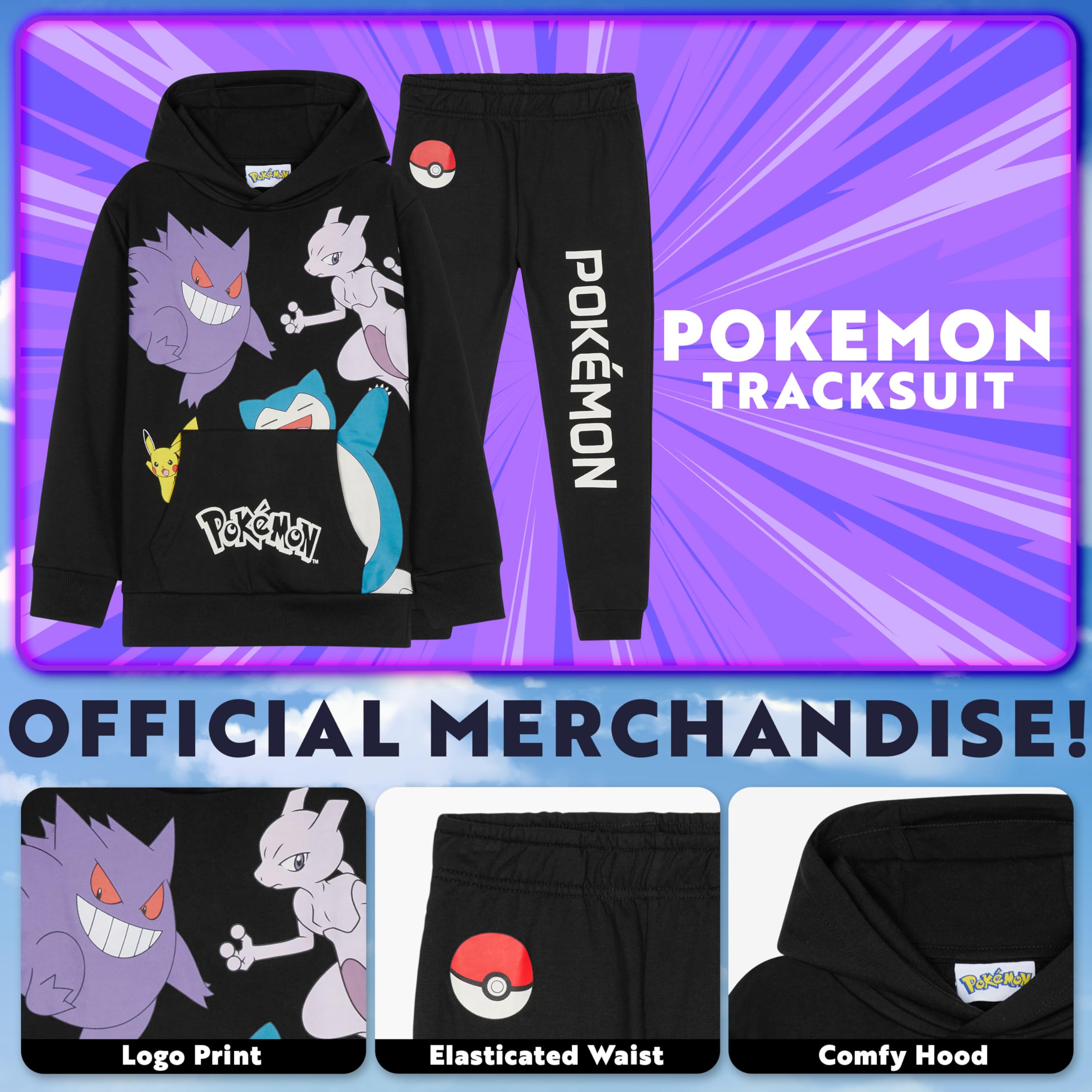 Pokemon Boys Tracksuit Set - Comfy Hoodie & Jogger Pants Outfit | Cute Cartoon Character Costume for Kids Birthday Gifts | Perfect for Playdates, School & Cosplay