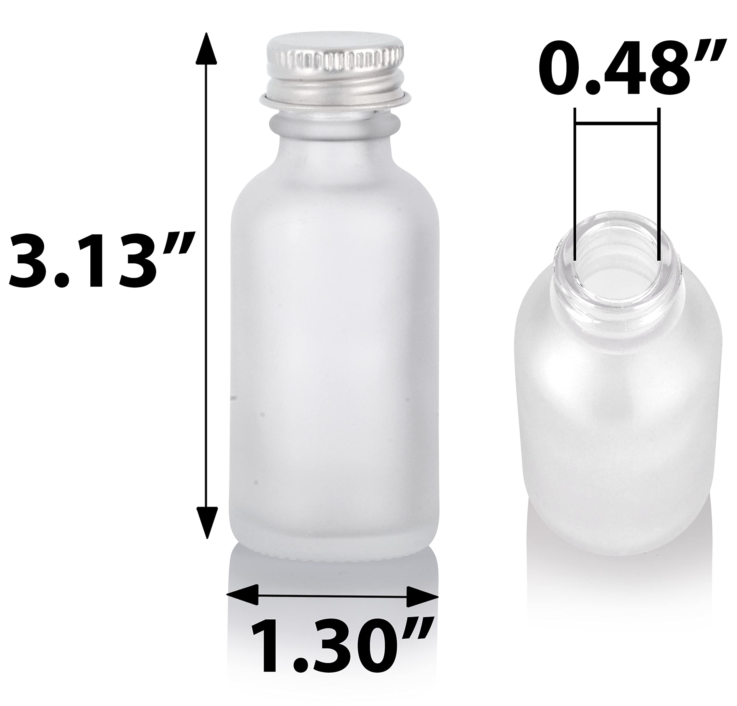 JUVITUS 12 Pack 1 oz Frosted Clear Glass Boston Round Bottles with Silver Screw Caps & Funnel - Essential Oil Bottles, DIY Perfume Containers, Travel-Sized Toiletry Storage