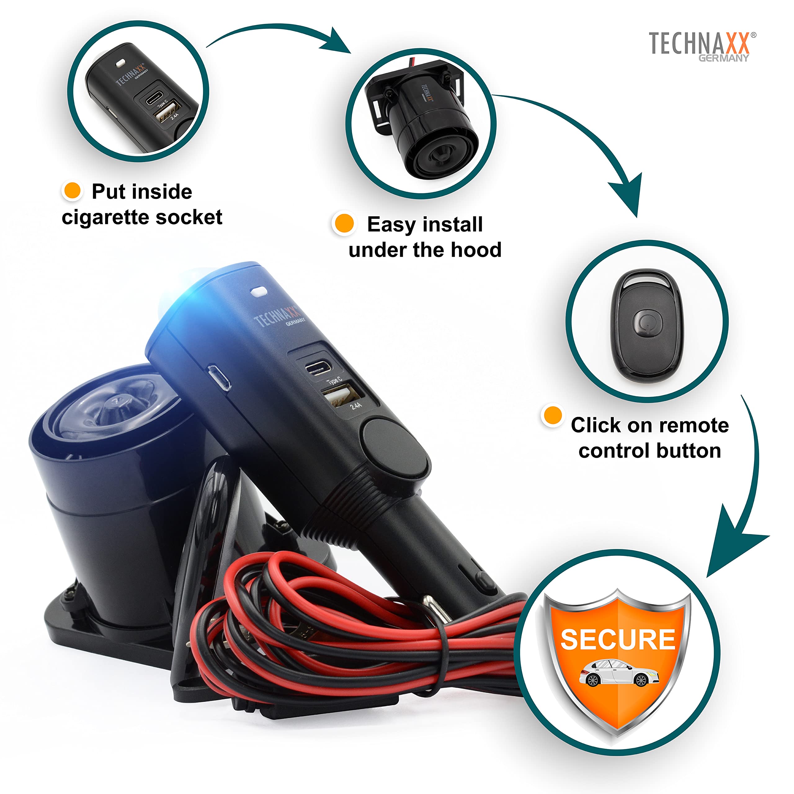 Technaxx TX-168 Car Alarm System with PIR Motion Sensor - 105dB Siren for Vehicles, Vans & Home Security - 2 USB Ports & 7-Day Battery Life - Black | Anti-Theft Protection for Parking, Travel & Property Security