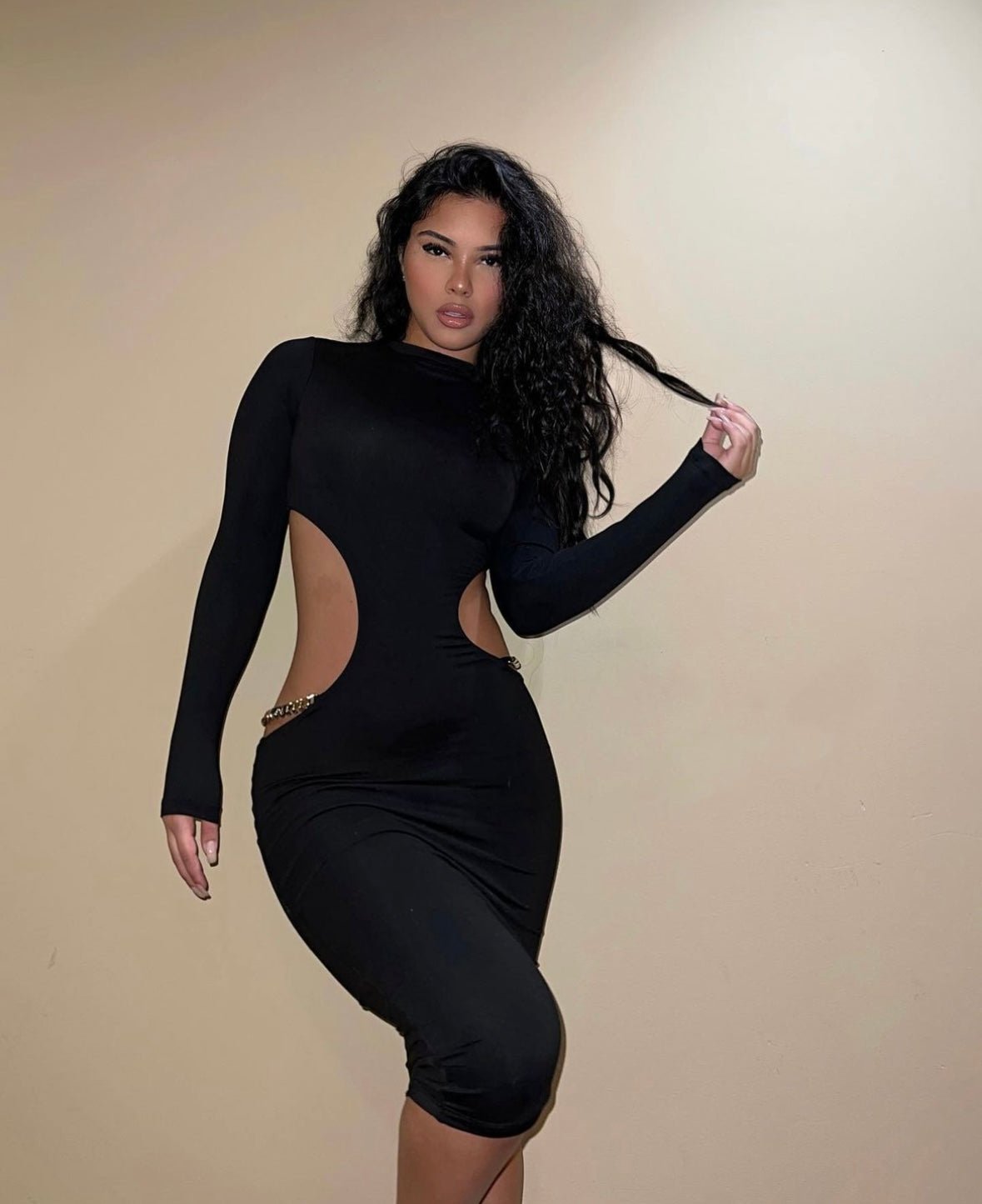 Elegant Black Mock Neck Gold Chain Cut Out Long Sleeve Dress for Women - Perfect for Evening Parties, Date Nights & Special Occasions