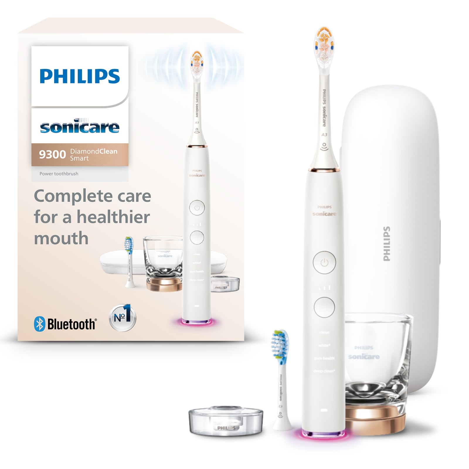 Philips Sonicare DiamondClean Smart 9300 Electric Toothbrush - Sonic Toothbrush with Bluetooth App, Pressure Sensor & Brush Head Detection, 4 Modes & 3 Intensity Levels, Rose Gold (HX9903/65) | Perfect for Travel, Home & Professional Dental Care