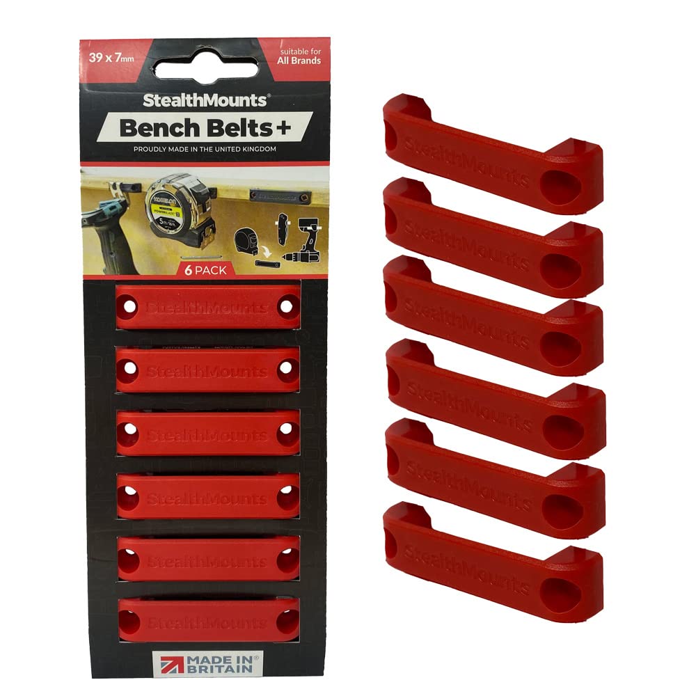 StealthMounts Bench Belt Plus - Universal Tool Holder & Storage Dock for Power Tools, Tape Measures, Belt Clips | Heavy-Duty Workbench Organizer | Ideal for Workshops, Garages & DIY Projects (Red)