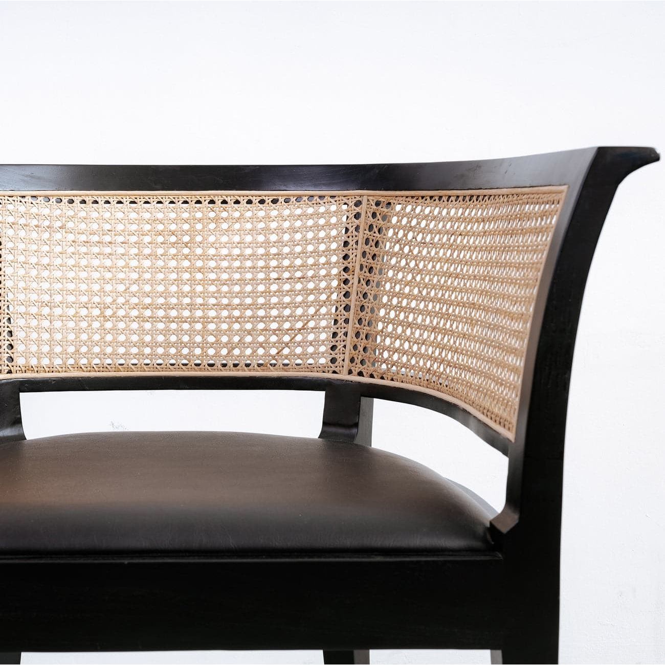 Aimee Cane Dining Armchair with Black Vegan Leather Seat - Modern Rattan Chair for Dining Room, Kitchen, Patio & Outdoor Use