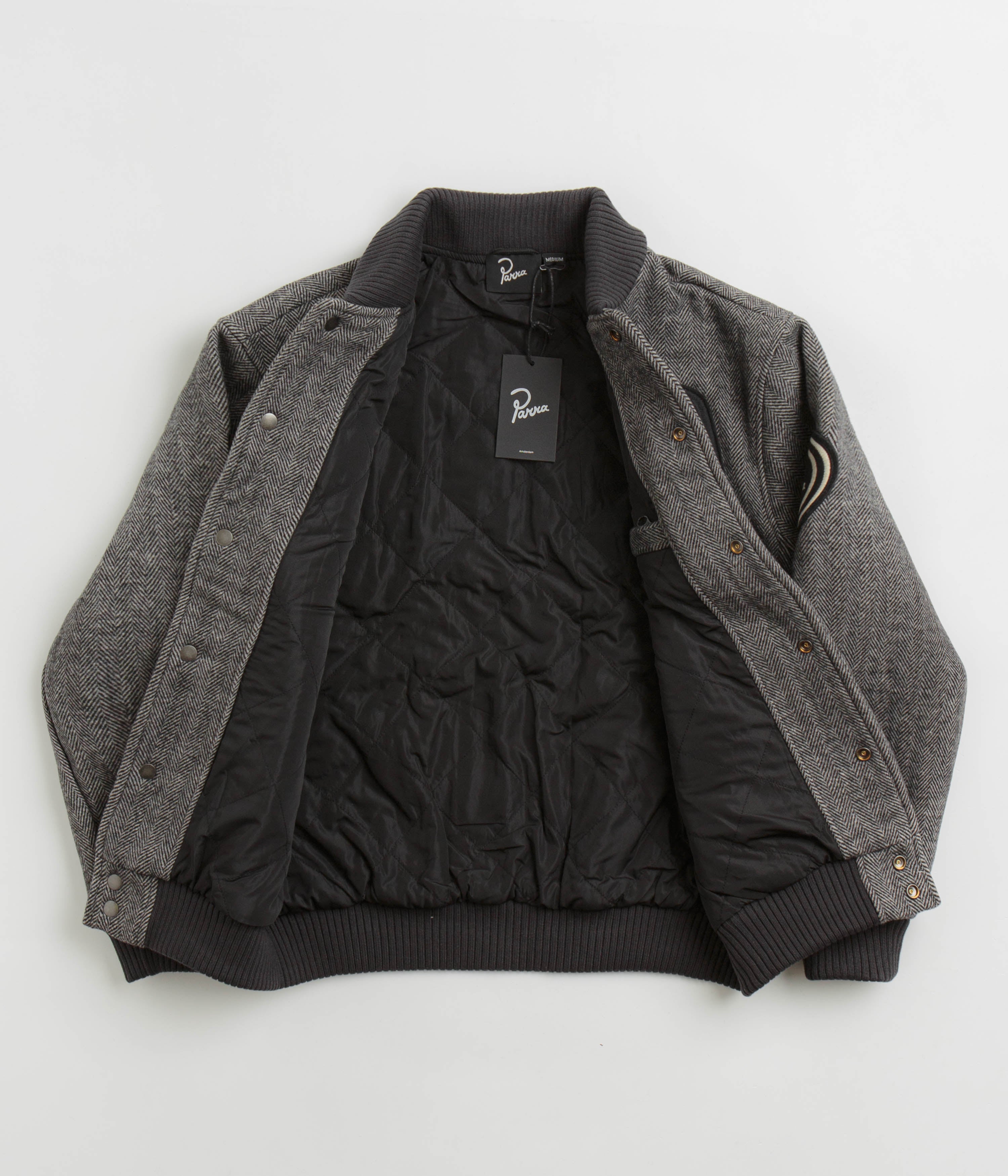 Parra Rounded Par Varsity Jacket for Men - Dark Grey Vintage Baseball Jacket | Stylish Casual Wear for Street Fashion & College Campus Outfits