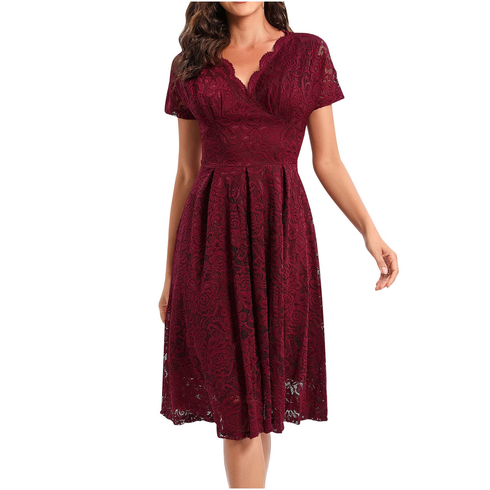 Women's Sexy Lace V-Neck Sundress - Solid Color Beach Mini Dress with Short Sleeves | Perfect for Summer Vacation, Pool Party & Casual Outings
