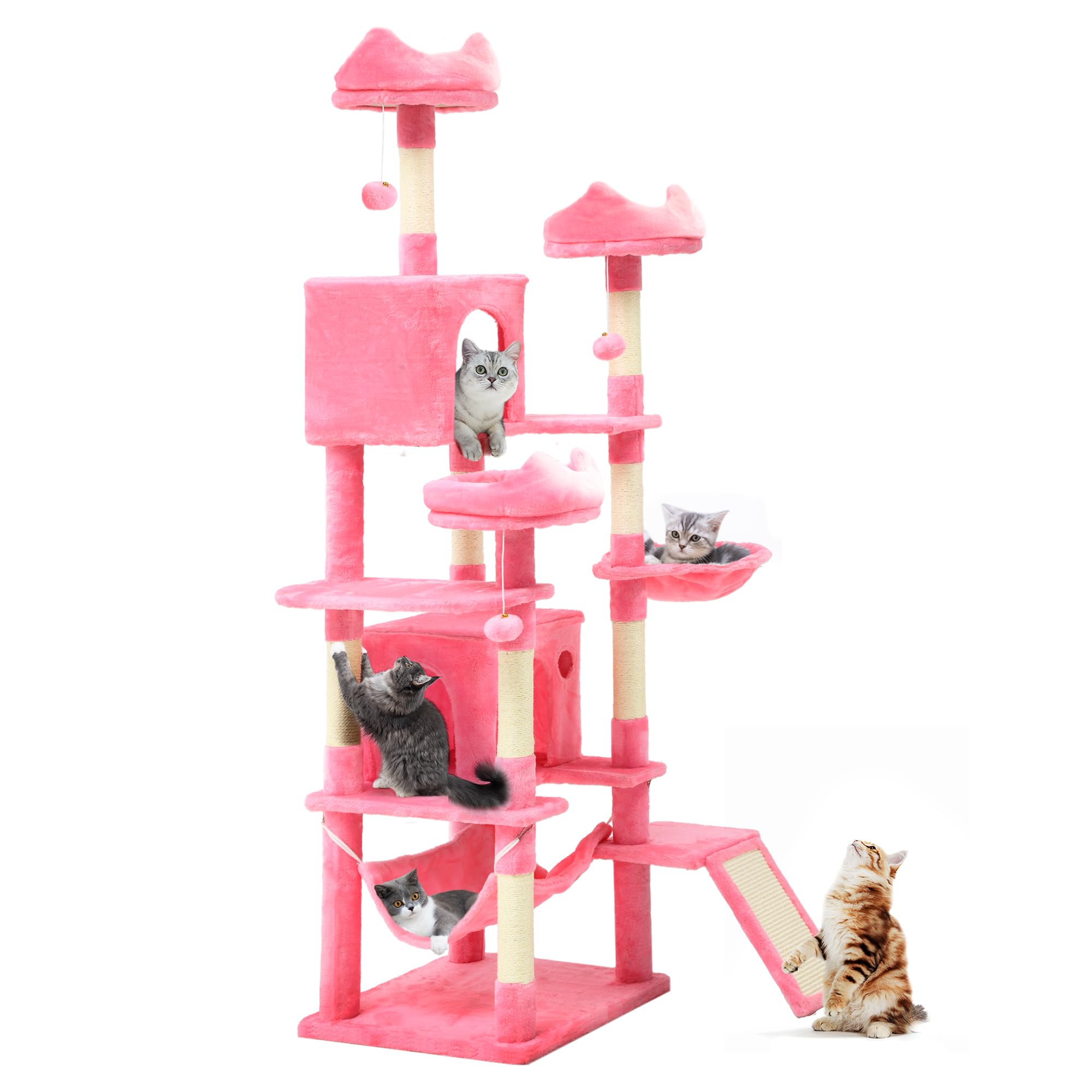 YITAHOME 75 Inch Tall Cat Tree for Indoor Cats - Multi-Level Cat Tower with Condos, Perches, Sisal Scratching Posts, Cozy Basket & Hammocks - Large Cat Activity Structure in Pink - Perfect for Play, Rest & Climbing in Home or Office