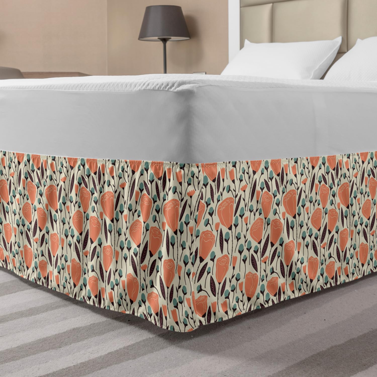 Ambesonne Floral Bed Skirt - King Size Garden Leaves & Blossoms Pattern Elastic Dust Ruffle Wrap Around for Bed Decor - Salmon Teal Color | Perfect for Master Bedroom, Guest Room & Home Staging