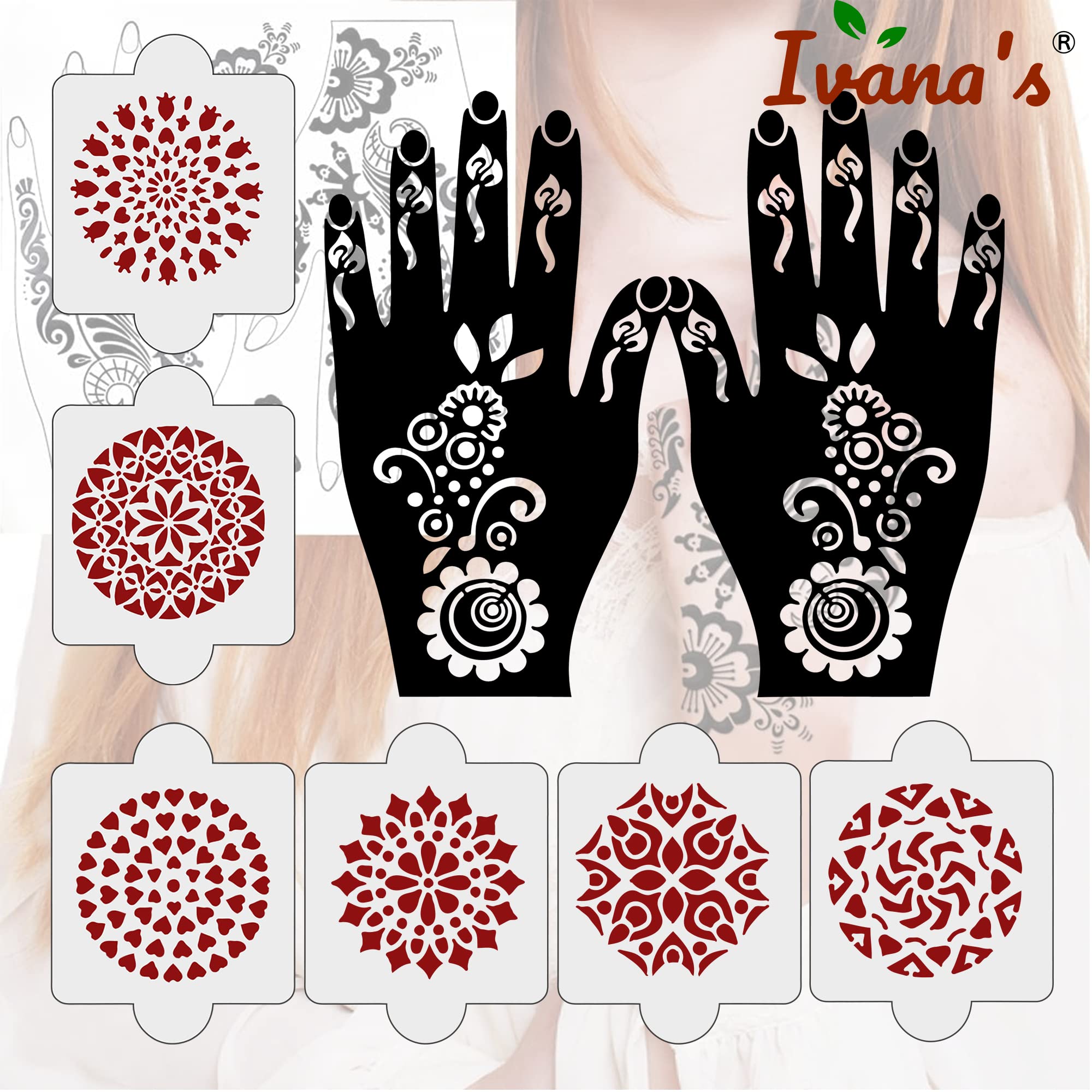 8 Pcs Henna Tattoo Stencil Kit - 2 Henna Stencil Tattoos & 6 Reusable Laser Cut PVC Stencils for Women, Girls & Kids | Easy Application Mehandi Stickers for Full Hand Designs | Perfect for Weddings, Festivals & DIY Body Art (IVNH-1054)