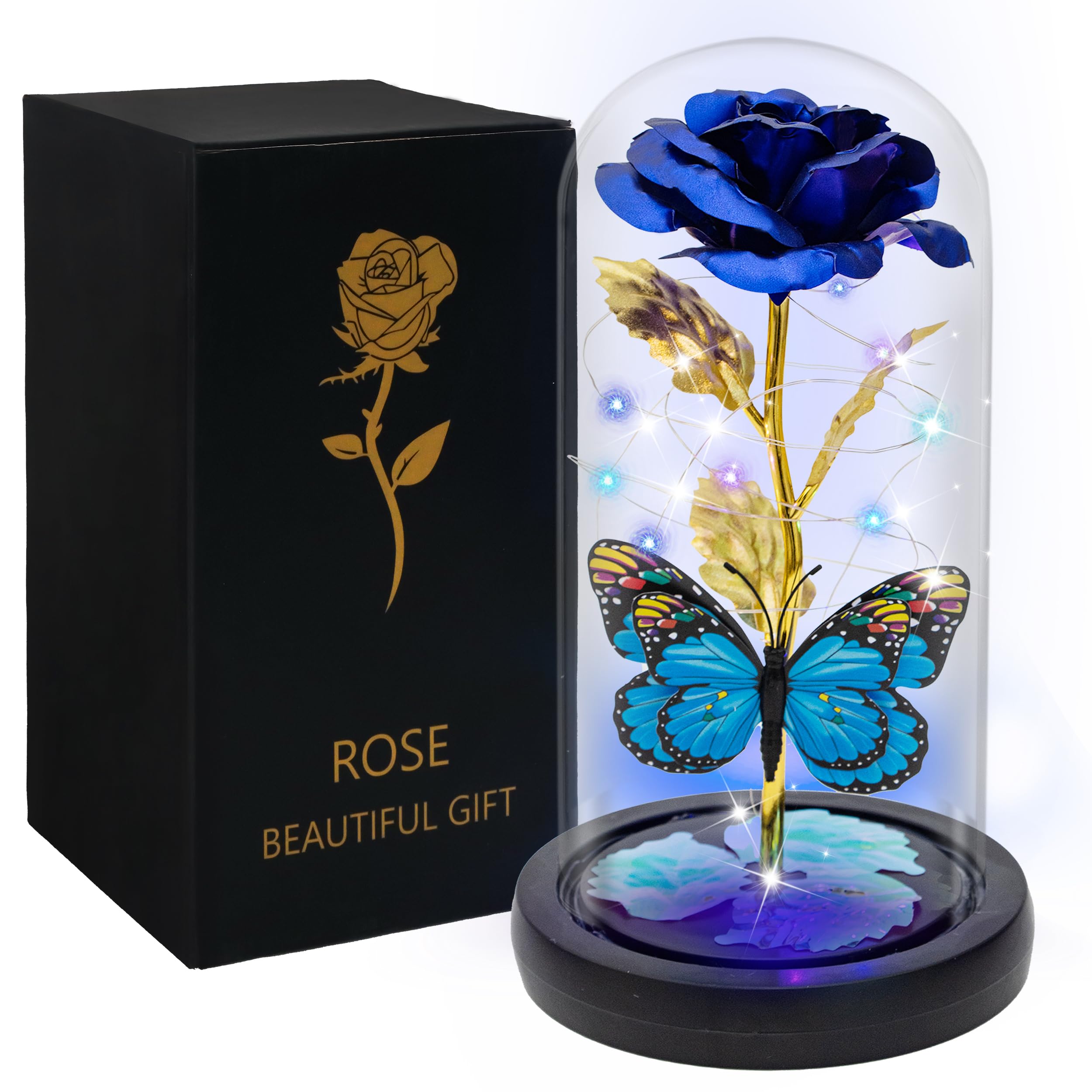 Galaxy Glass Rose Crystal Flower Gift - LED Light Up Rose in Glass Dome for Women, Anniversary, Valentine's Day, Christmas (Dark Blue with Butterfly) - Perfect for Romantic Gifts, Home Decor, and Special Occasions