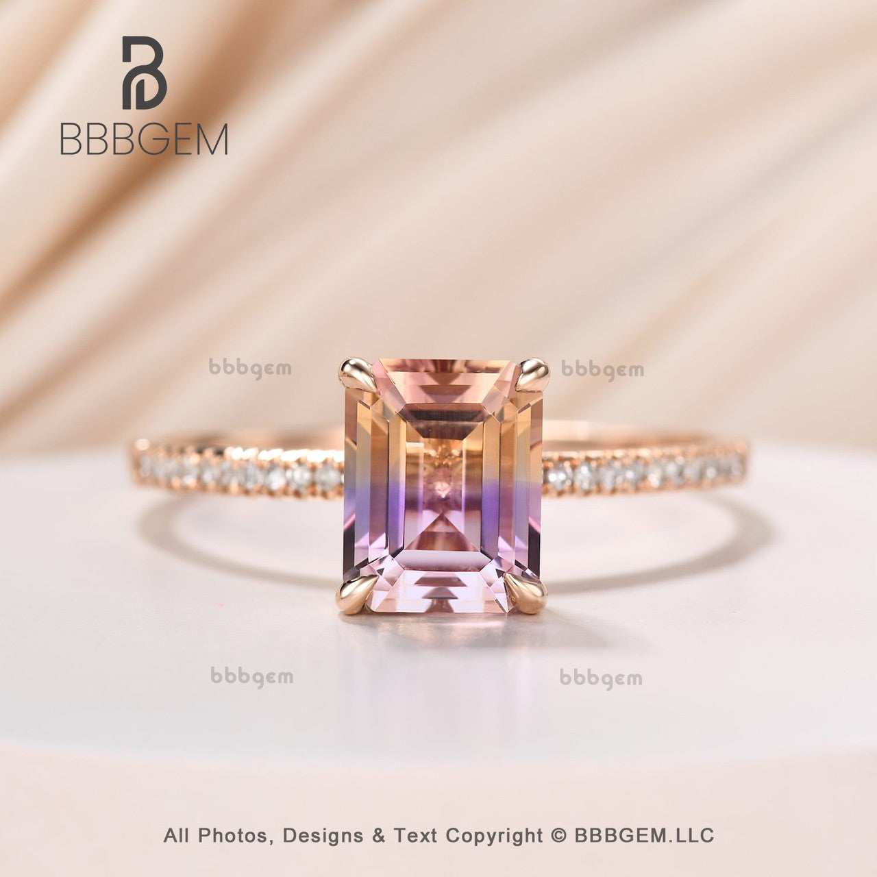 14K Rose Gold Emerald Cut Ametrine Solitaire Ring - Dainty Prong Set Amethyst Jewelry for Women, Valentine's Day Gift, Everyday Wear & Special Occasions