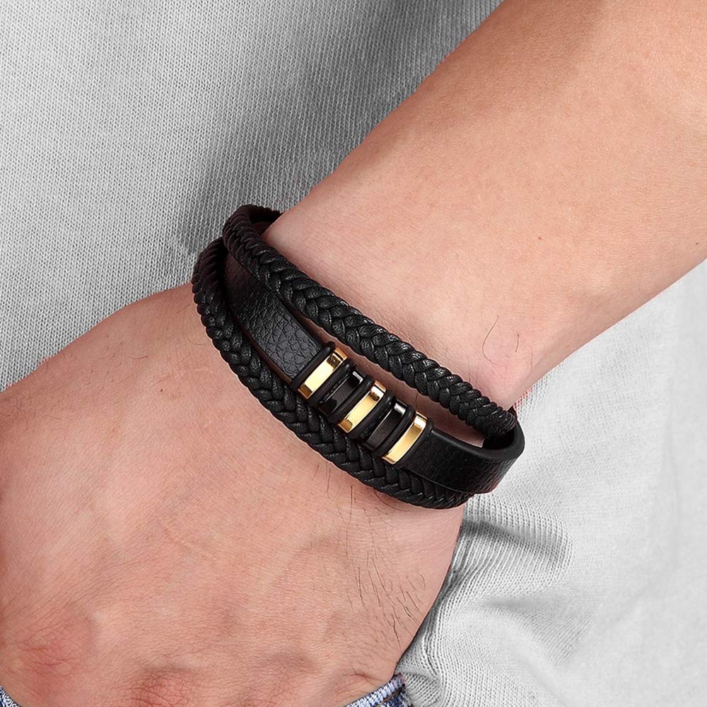 Stylish Multi-Layer Braided Leather Bracelet for Men with Magnetic Clasp - Infinity Black Italian Genuine Leather Cuff Bangle (8.3