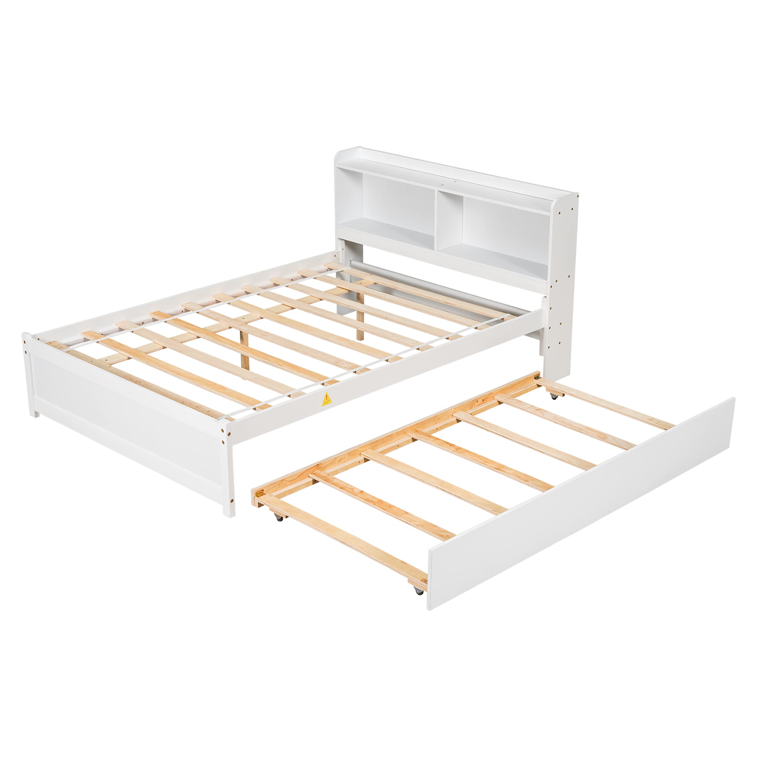 Full Size Captain's Bed Frame with Trundle & Bookcase Headboard - Storage Bed for Kids, Teens & Adults - White | Space-Saving Bedroom Solution for Small Rooms & Guest Rooms