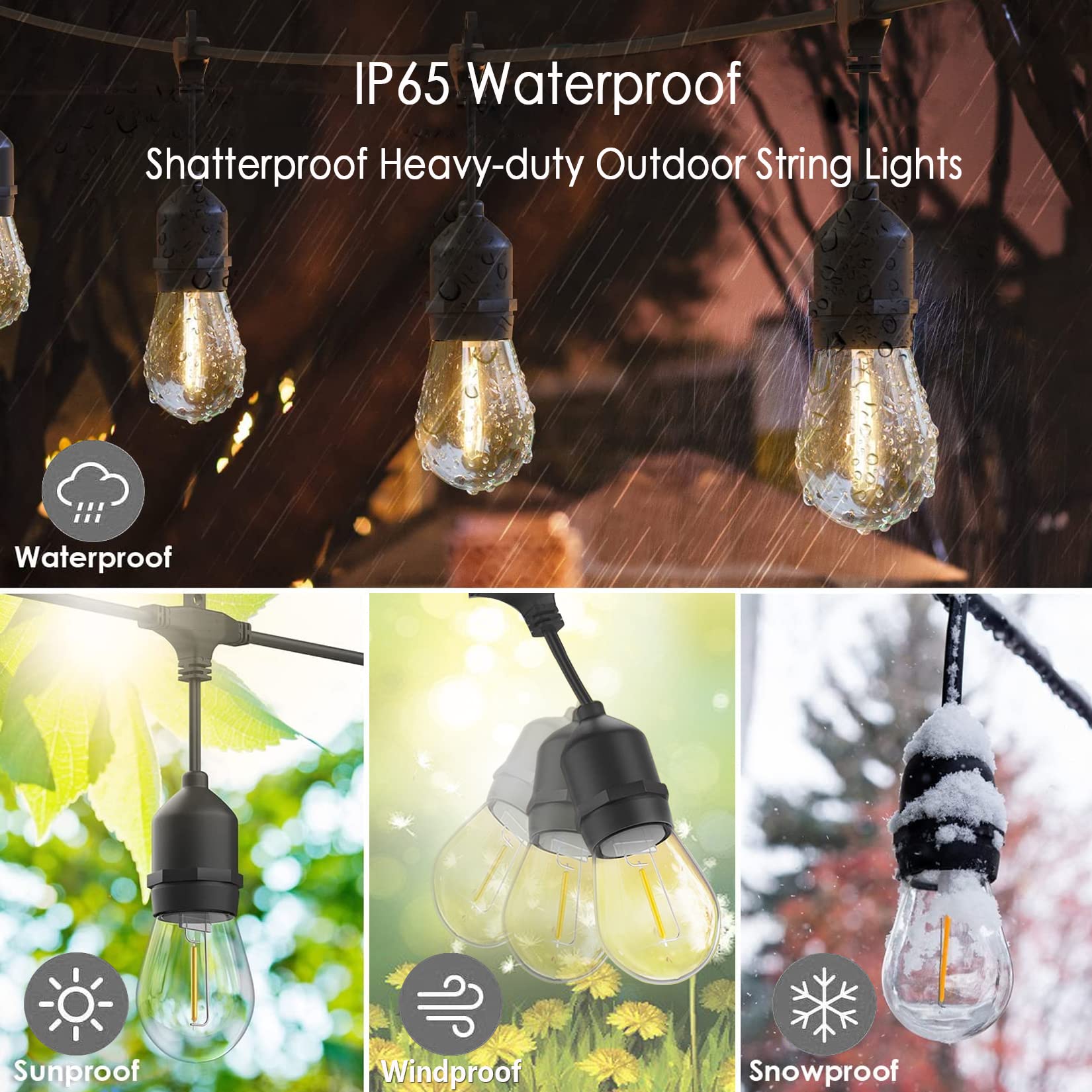 48FT Outdoor LED String Lights - Heavy-Duty Waterproof Patio Lights with 16 Shatterproof Plastic Bulbs (2200K Warm White) for Backyard, Garden, Gazebo, Pergola, Cafe, Bistro - Perfect for Outdoor Dining, Wedding Decor & Commercial Lighting