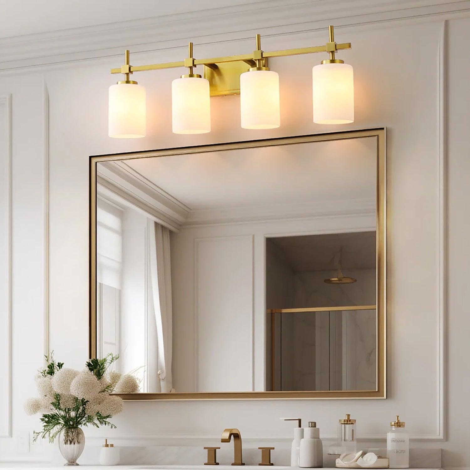 Jasper Gold Modern Frosted Glass 4-Light Bathroom Vanity Light Fixture - Perfect for Bathroom, Powder Room & Dressing Area Lighting