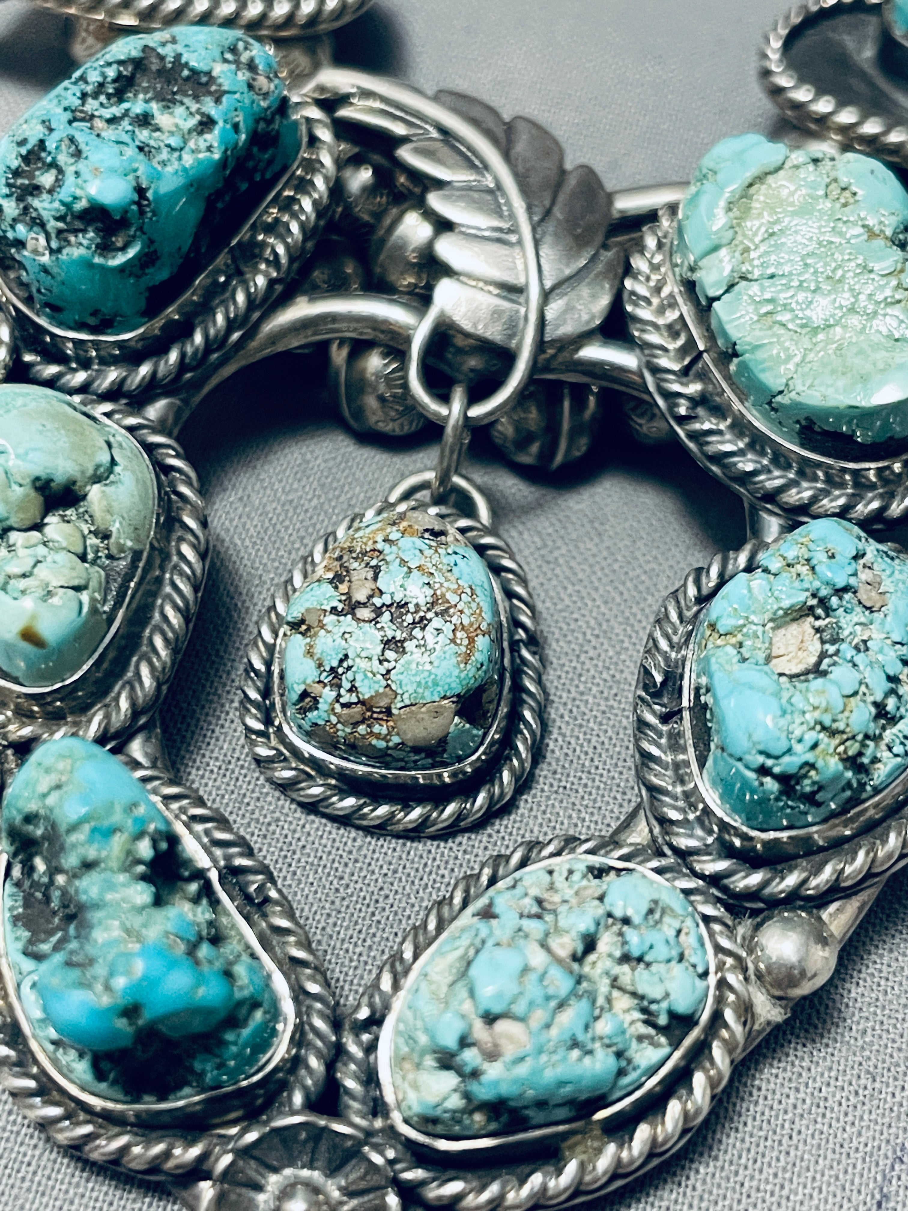 191 Gram Vintage Native American Navajo Turquoise Sterling Silver Squash Blossom Necklace - Handcrafted Jewelry for Women, Perfect for Boho Fashion, Weddings & Special Occasions