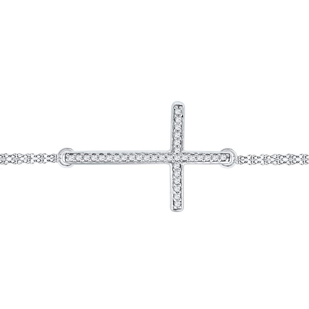 10K White Gold Women's Round Diamond Sideways Cross Bracelet - 1/10 CTTW - Elegant Jewelry Gift for Christmas, Birthday & Anniversary