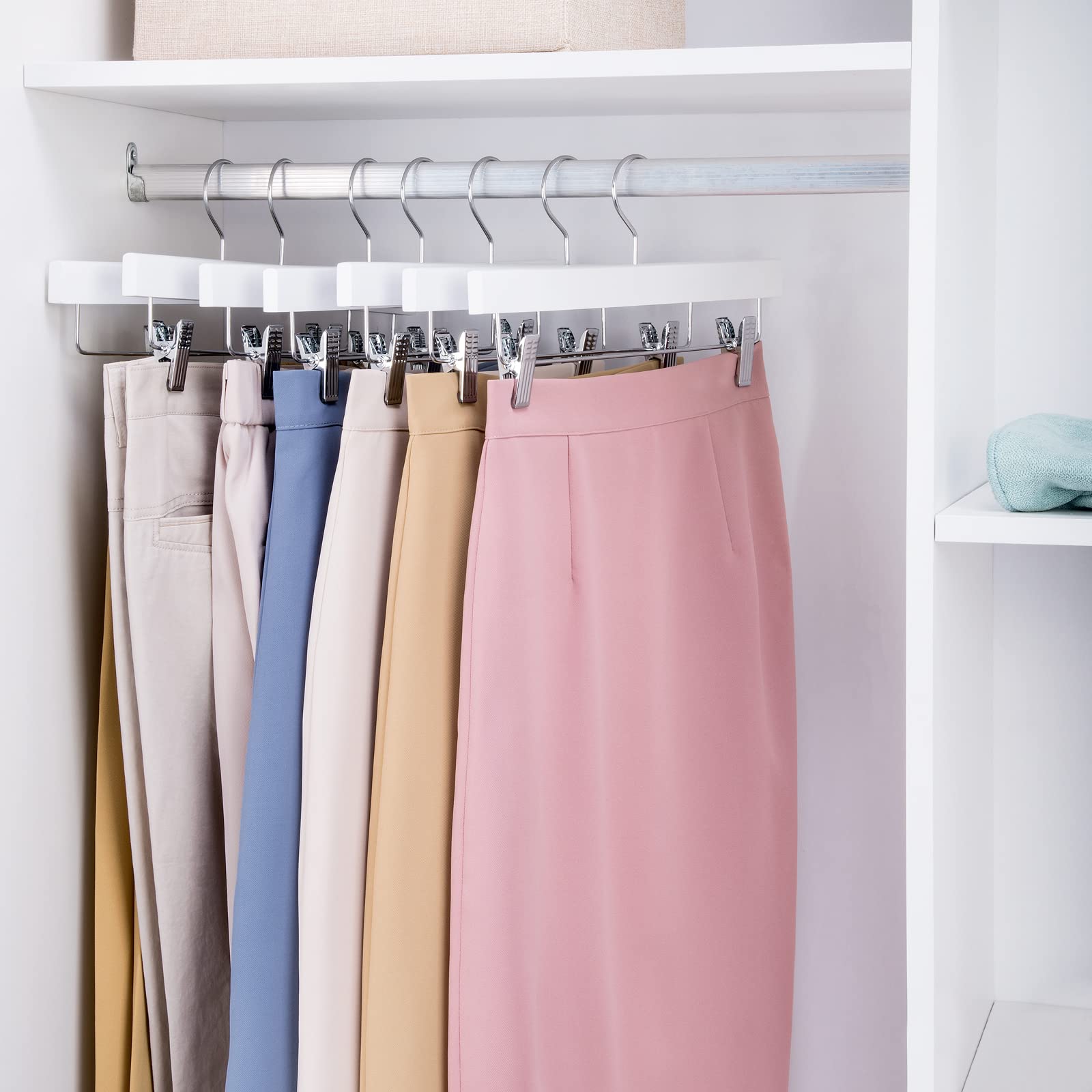 Nature Smile 10-Pack Wooden Pants Hangers with Clips - Anti-Rust Hooks for Jeans, Skirts & Trousers - Space-Saving Closet Organizer (White) | Perfect for Home, Office & Travel Wardrobe Storage