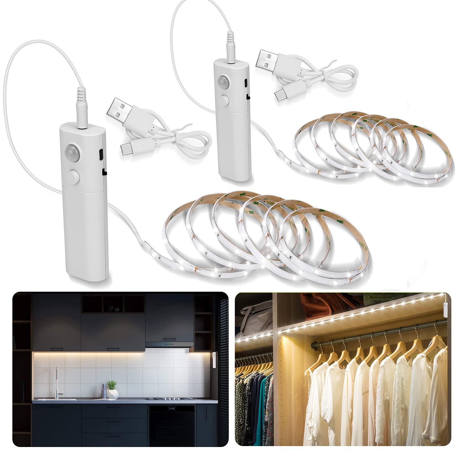2 Pack Rechargeable Motion Sensor LED Strip Lights - Cool White Under Cabinet Lighting for Closet, Kitchen, Wardrobe | Battery Powered Stick-On Lights for Home, Garage & Stairs (LUXJET Brand)
