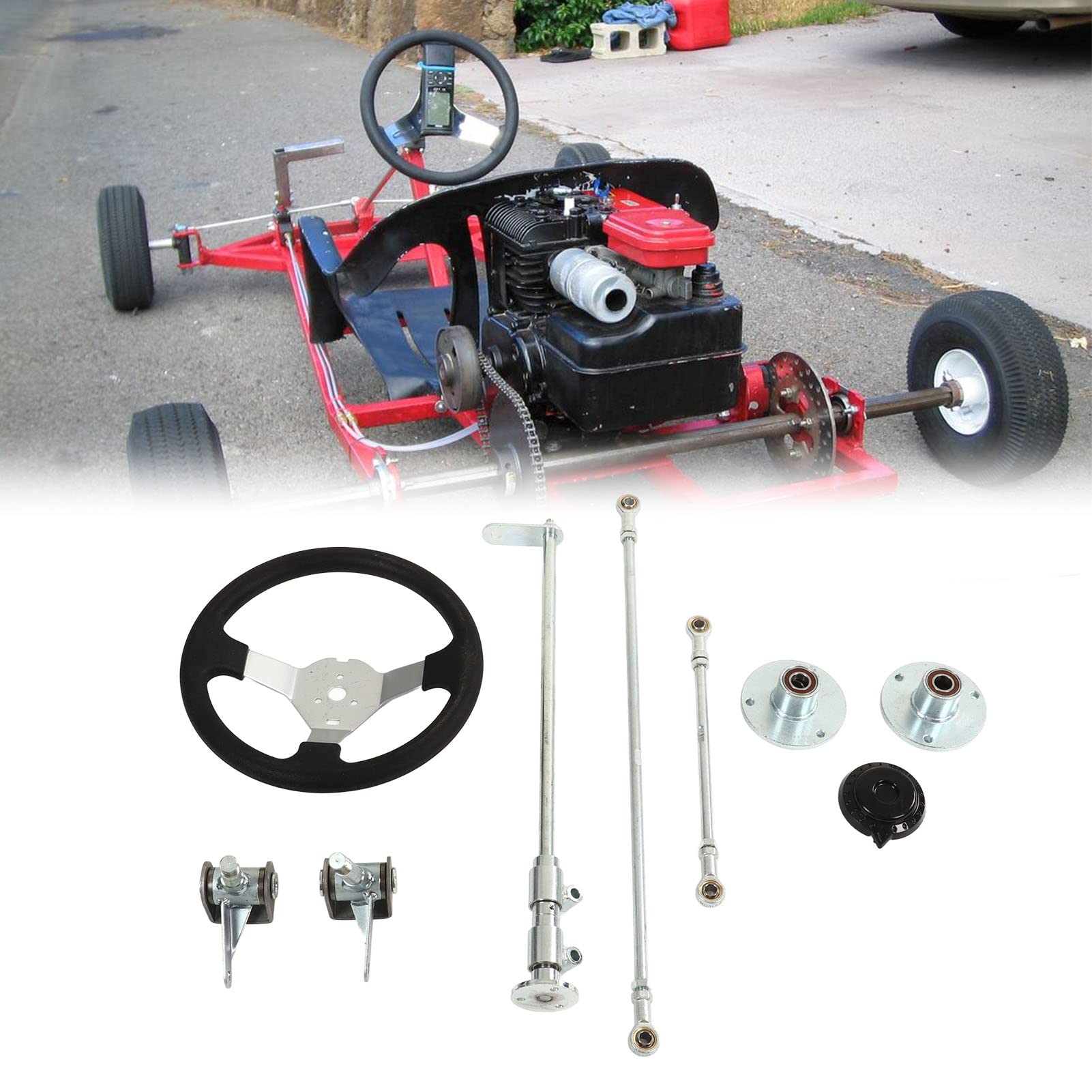 300mm Kart Steering Wheel Kit with Tie Bar Mount & Rod Ball Joint Rack Shaft - Universal Go Kart Racing Accessories for DIY Karting, Quad Bikes & Off-Road Vehicles