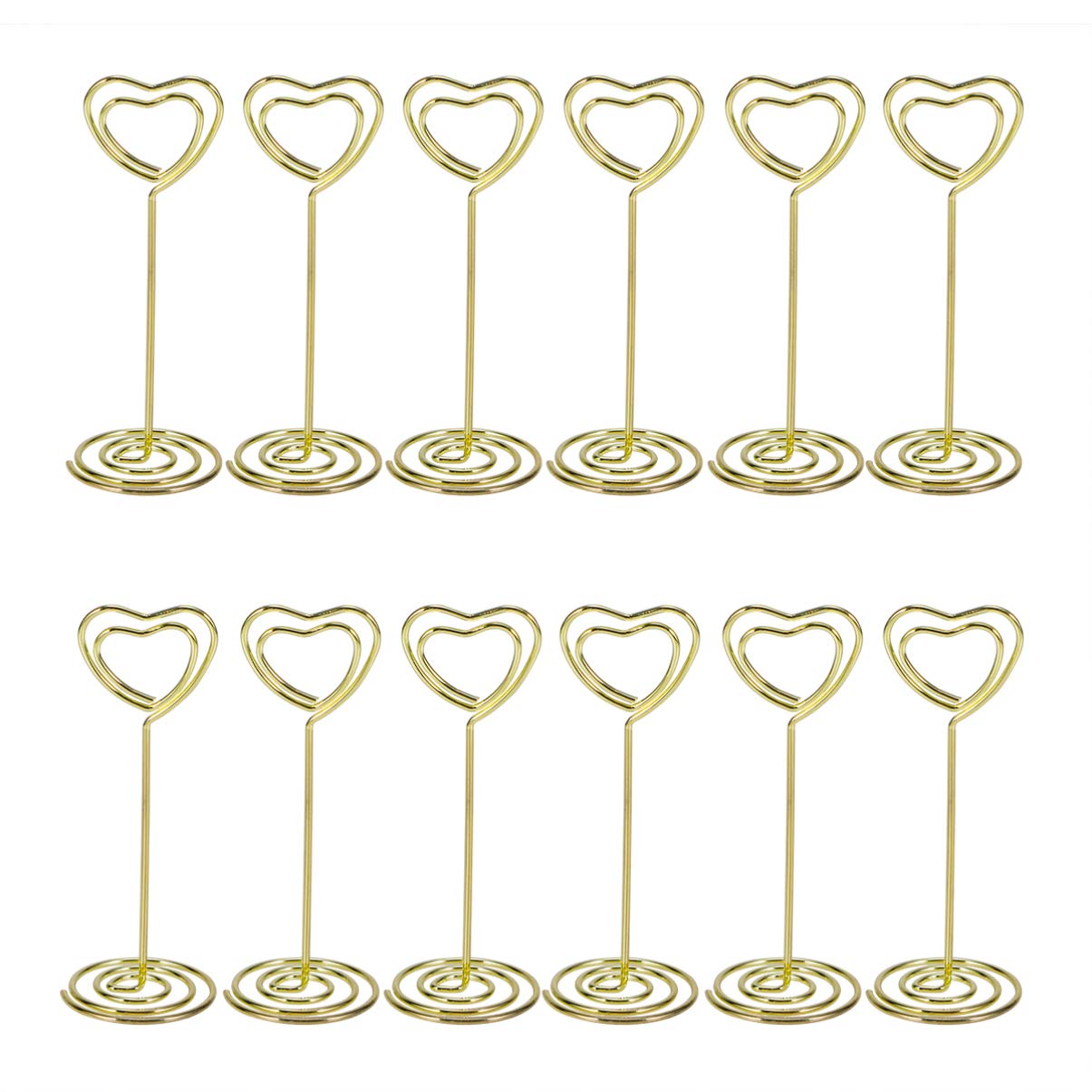 12Pcs Mini Heart Shape Table Number Card Holders - Golden Wire Tabletop Photo Stand for Wedding, Party, Menu & Place Cards - Perfect for Wedding Reception, Bridal Shower & Dinner Events