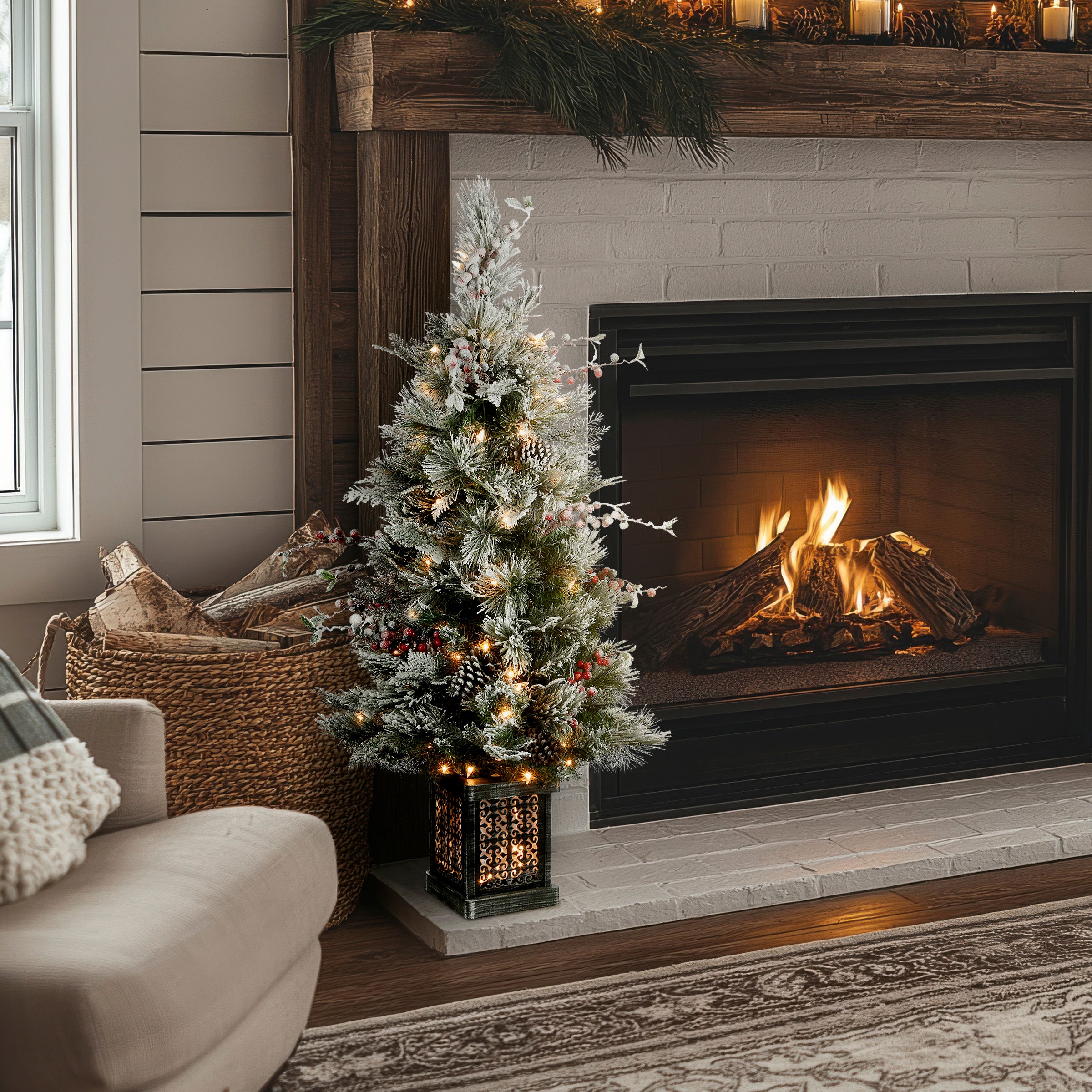 4 ft Pre-Lit Snowy Bedford Pine Christmas Tree with Clear Lights - Perfect for Holiday Home Decor & Festive Indoor Decorating