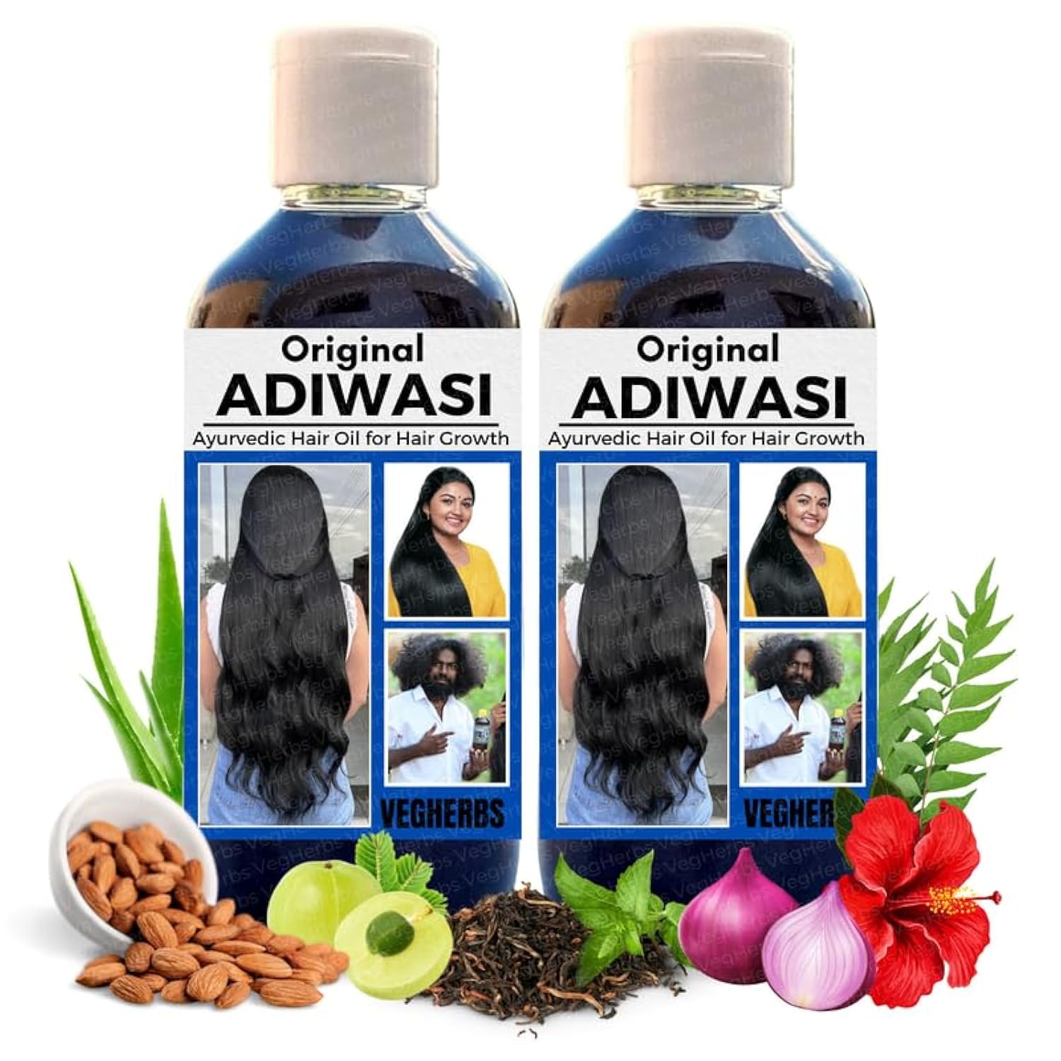 VegHerbs Original Karnataka Adiwasi Hair Oil for Hair Growth - Ayurvedic Herbal Oil with Onion, Rosemary, Castor, Amla, Almond, Coconut, Brahmi & Bhringraj | 100ml (Pack of 2) | Promotes Thicker, Longer Hair & Scalp Health | Perfect for Daily Hair Care & Natural Treatment