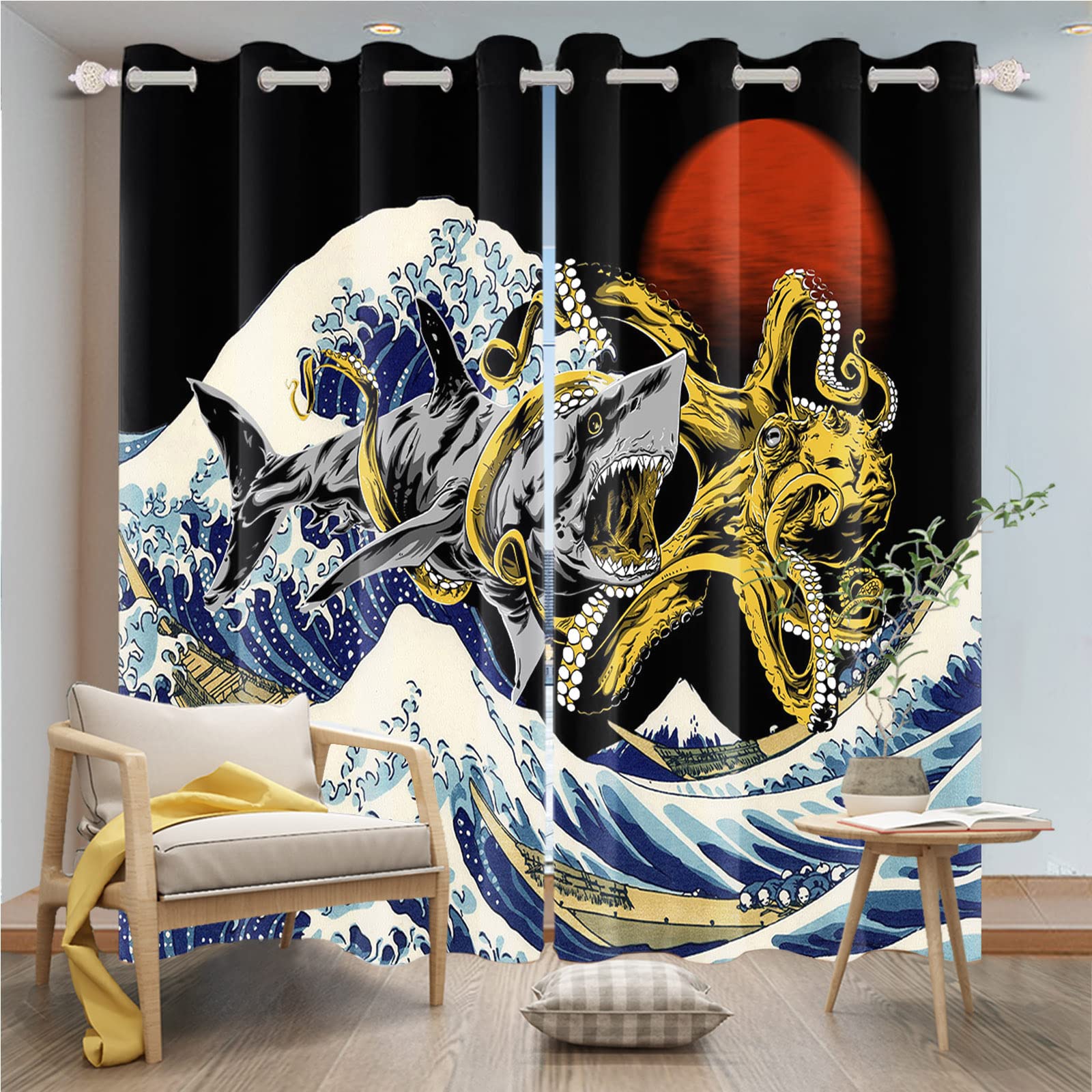Retro Cartoon Blackout Curtains for Kids Bedroom - Vintage Japanese Kanagawa Ukiyo-e Great Wave & Red Moon Design - 52x96 Inch Thermal Insulated Window Drapes (Set of 2 Panels) - Perfect for Nursery, Living Room & Kitchen Decor