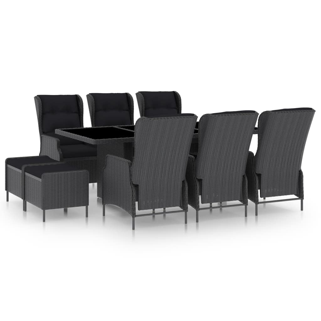 vidaXL 9-Piece Patio Dining Set with Glass Tabletop & Rattan Chairs with Cushions - Modern Dark Gray Outdoor Furniture for Garden, Backyard, and Poolside Dining